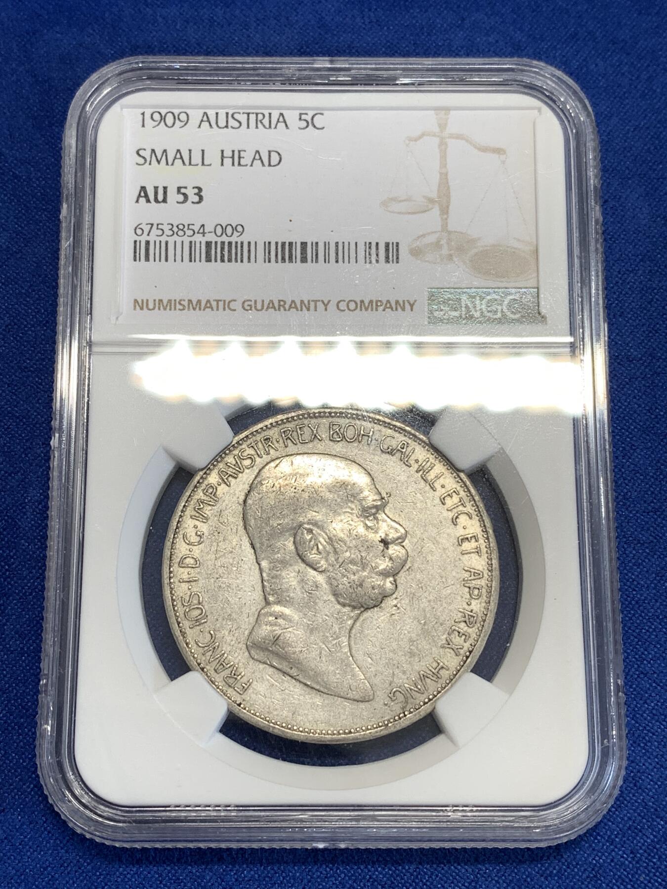 《竞宝斋》第294场- 周日，周一  2场连拍 （全场包邮） NGC AU53 奥地利1909年 费朗茨.约瑟夫一世 双头鹰 5克朗 银币