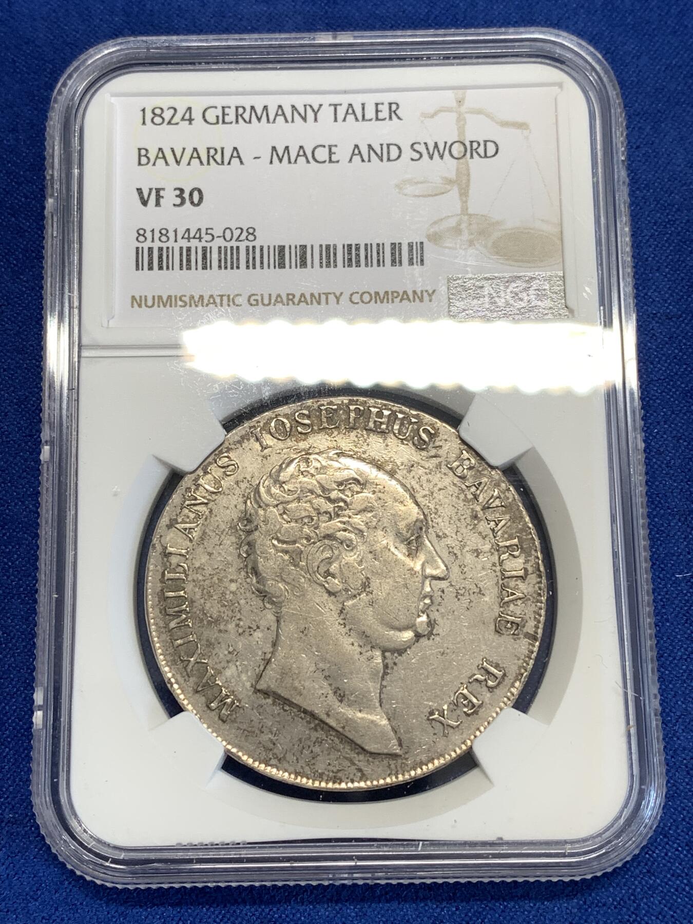 《竞宝斋》第294场- 周日，周一  2场连拍 （全场包邮） NGC VF30 德国巴伐利亚1824马克西米利安一世·约瑟夫国王双剑泰勒大银币