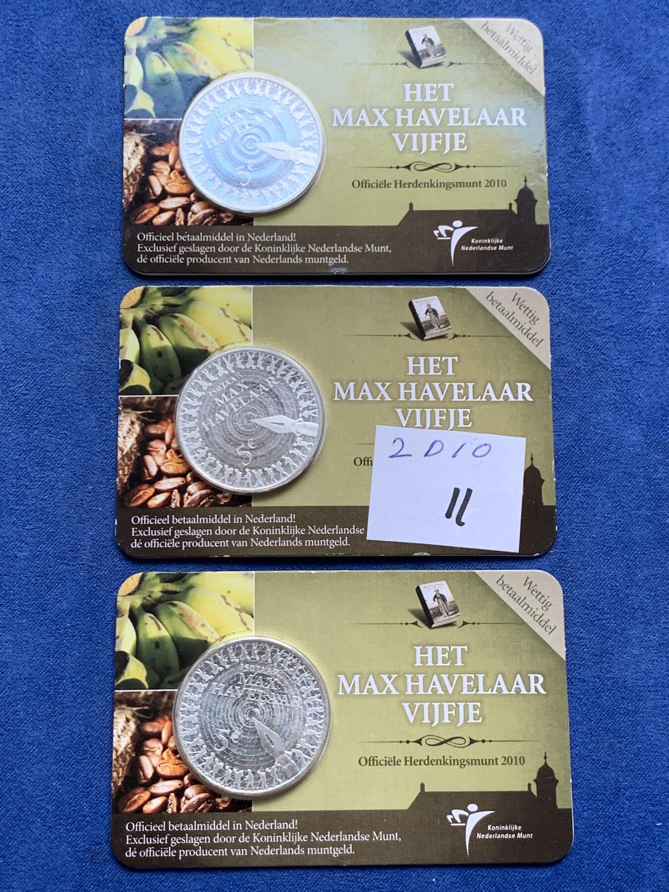 《竞宝斋》第294场- 周日，周一  2场连拍 （全场包邮） 3枚一组 2010年 荷兰 5欧元 作家马克斯·哈弗拉尔 镀银纪念币 小卡装