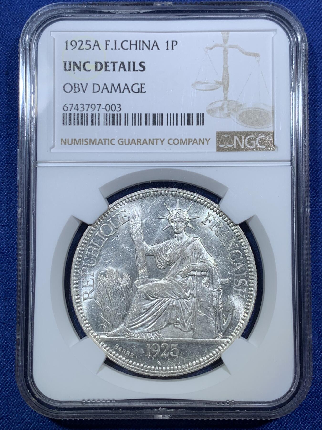 《竞宝斋》第294场- 周日，周一  2场连拍 （全场包邮） NGC UNCD 法属印支1925年坐洋1皮阿斯特银币