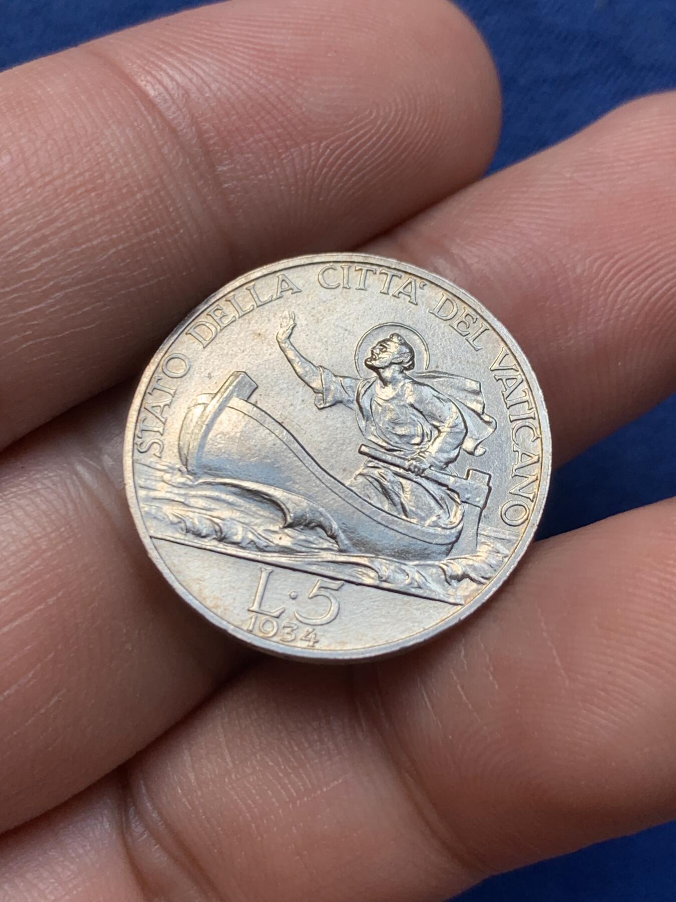 《竞宝斋》第294场- 周日，周一  2场连拍 （全场包邮） 梵蒂冈 1934年 5里拉 银币 原味包浆 稀缺品种 发行量三万枚