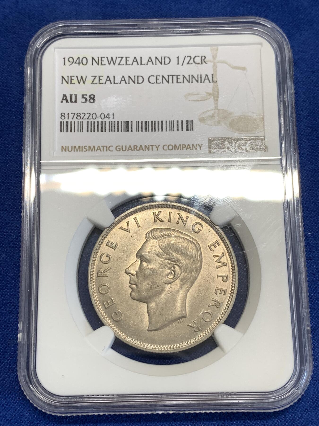 《竞宝斋》第294场- 周日，周一  2场连拍 （全场包邮） NGC AU58 新西兰1940年百年纪念1/2克朗银币 少见品