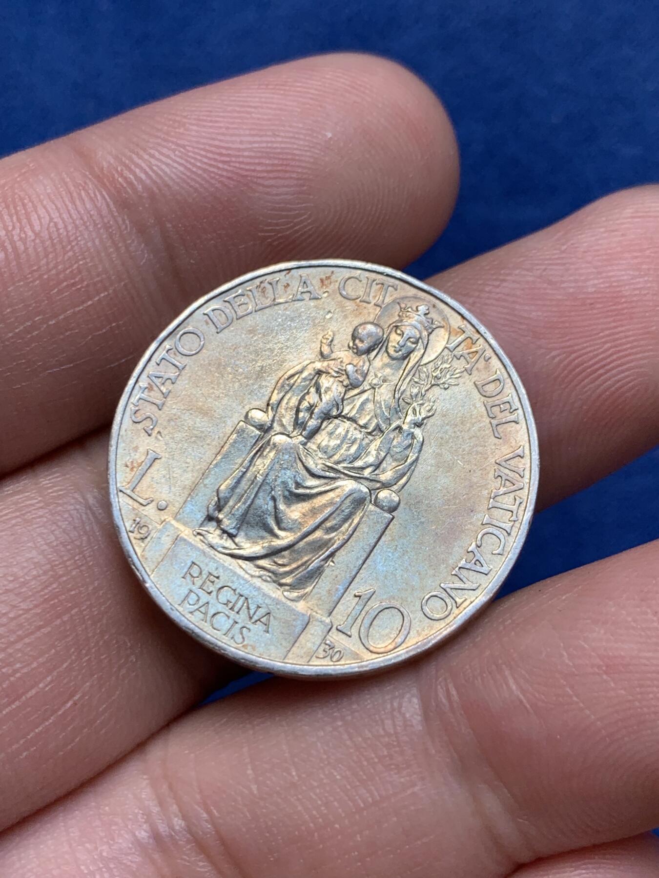 《竞宝斋》第294场- 周日，周一  2场连拍 （全场包邮） 梵蒂冈 1930年 10里拉 银币 原味包浆 发行量五万枚