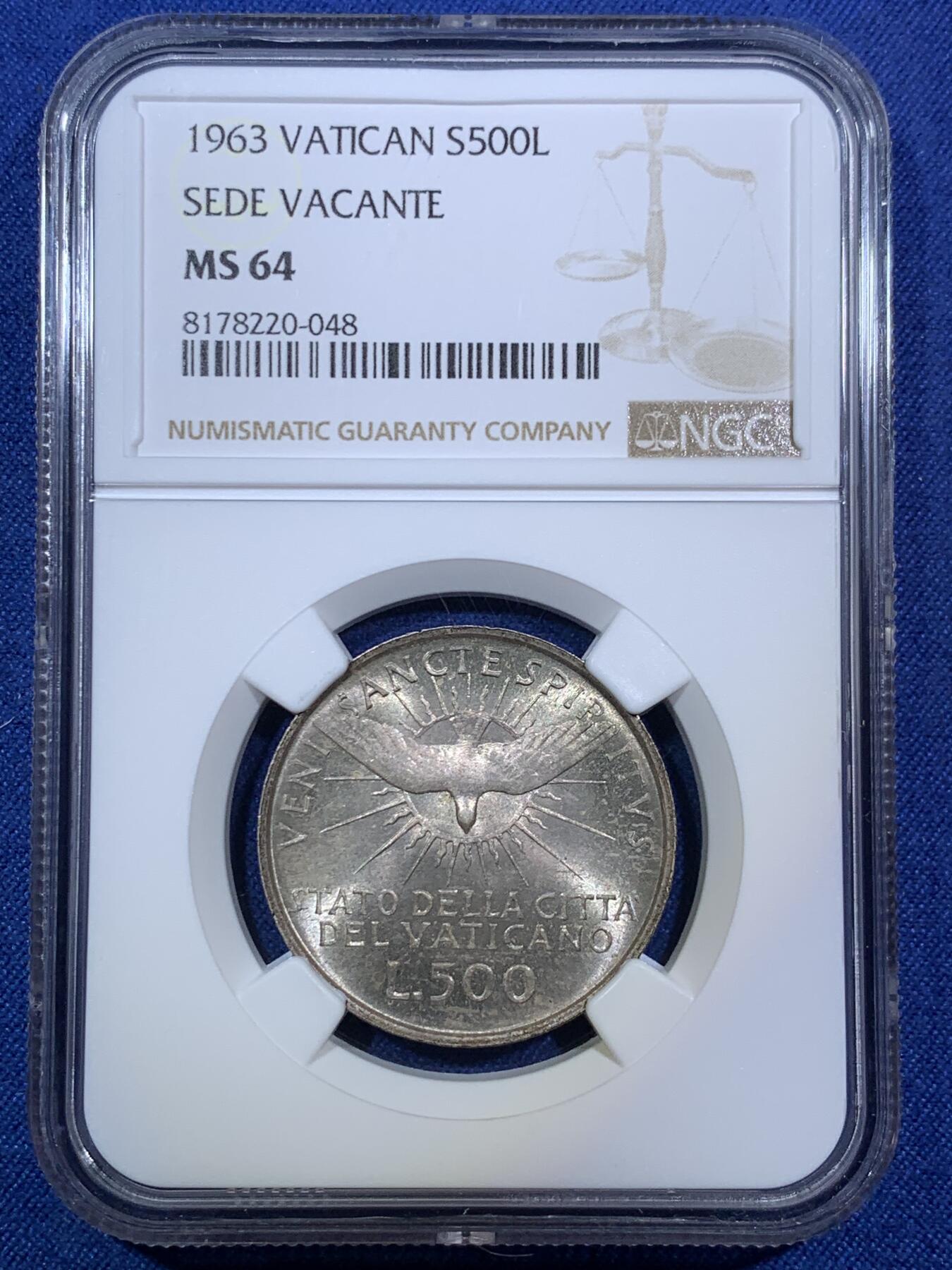 《竞宝斋》第294场- 周日，周一  2场连拍 （全场包邮） NGC MS64 梵蒂冈1963年缺位500里拉银币