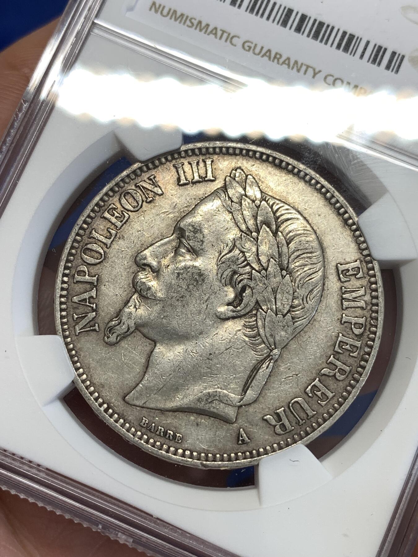 《竞宝斋》第294场- 周日，周一  2场连拍 （全场包邮） NGC AU50 法国1869年A版拿破仑三世5法郎银币