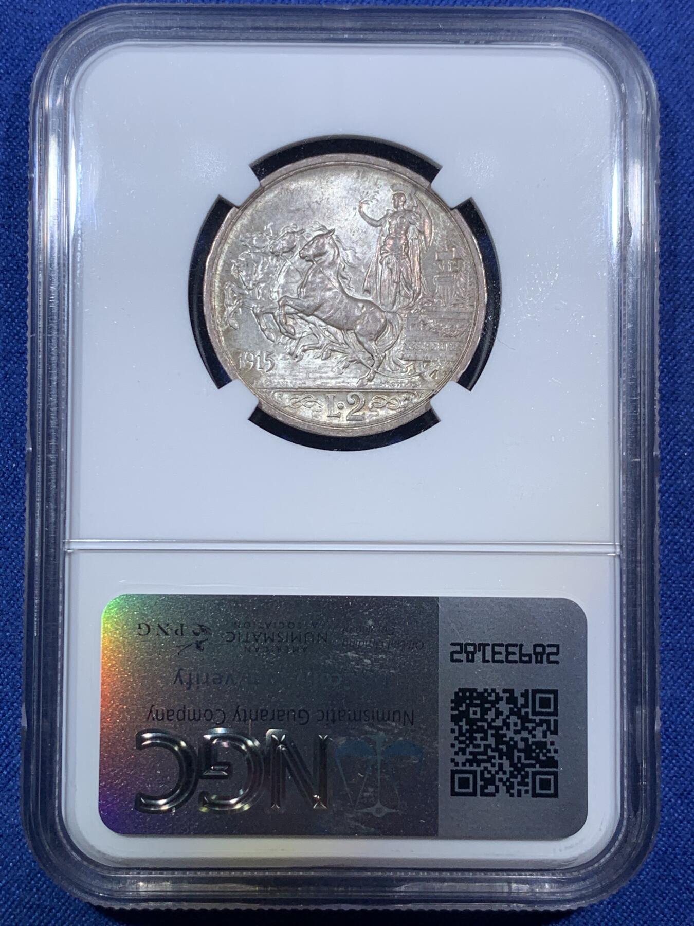 《竞宝斋》第294场- 周日，周一  2场连拍 （全场包邮） NGC MS63 意大利1915年2里拉马车银币