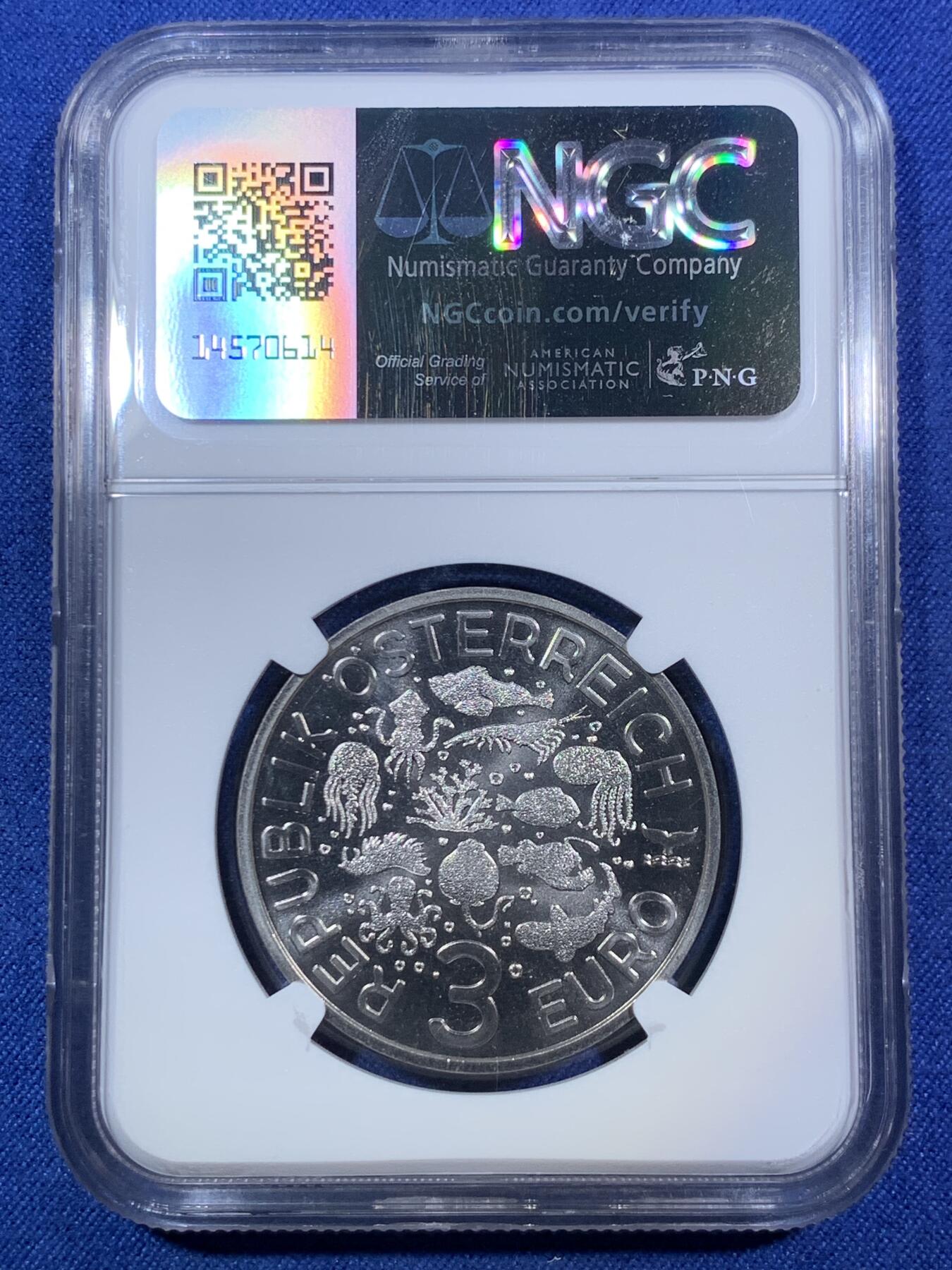 《竞宝斋》第294场- 周日，周一  2场连拍 （全场包邮） NGC MS70 奥地利2023年海洋生物系列4深海鮟鱇鱼3欧元铜镍币 蓝标首期