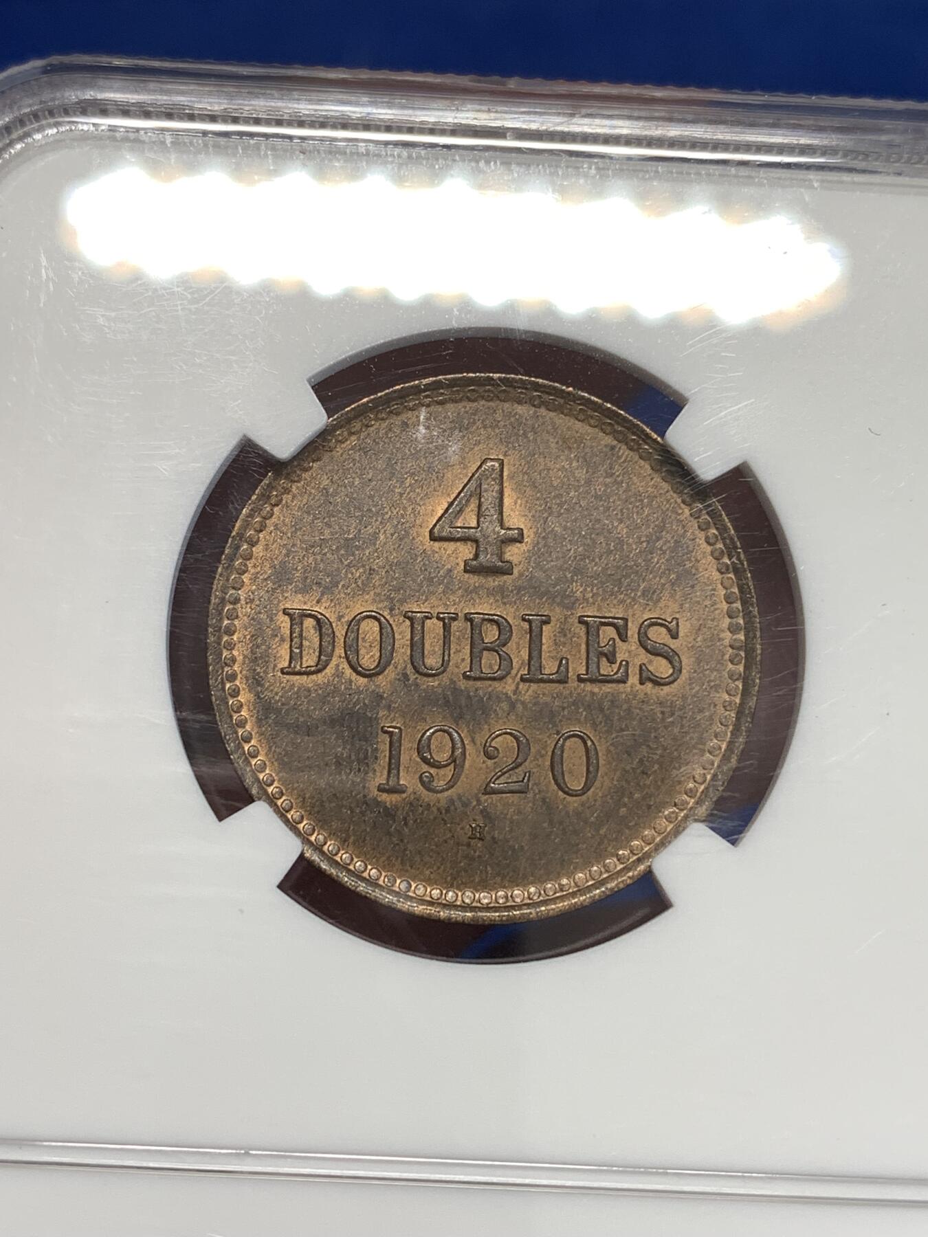 《竞宝斋》第294场- 周日，周一  2场连拍 （全场包邮） NGC MS63BN 1920H 格恩西/根西 4道布大铜币 国徽面细节极为清晰 两面转光 百年老币 好品极为不易