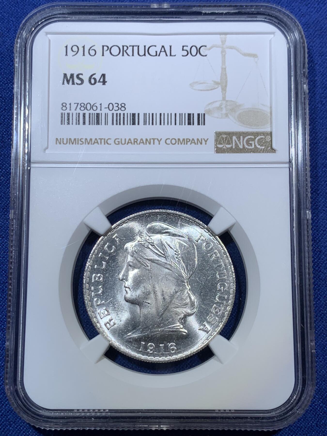 《竞宝斋》第294场- 周日，周一  2场连拍 （全场包邮） NGC MS64 葡萄牙1916年自由女神半圆50分银币