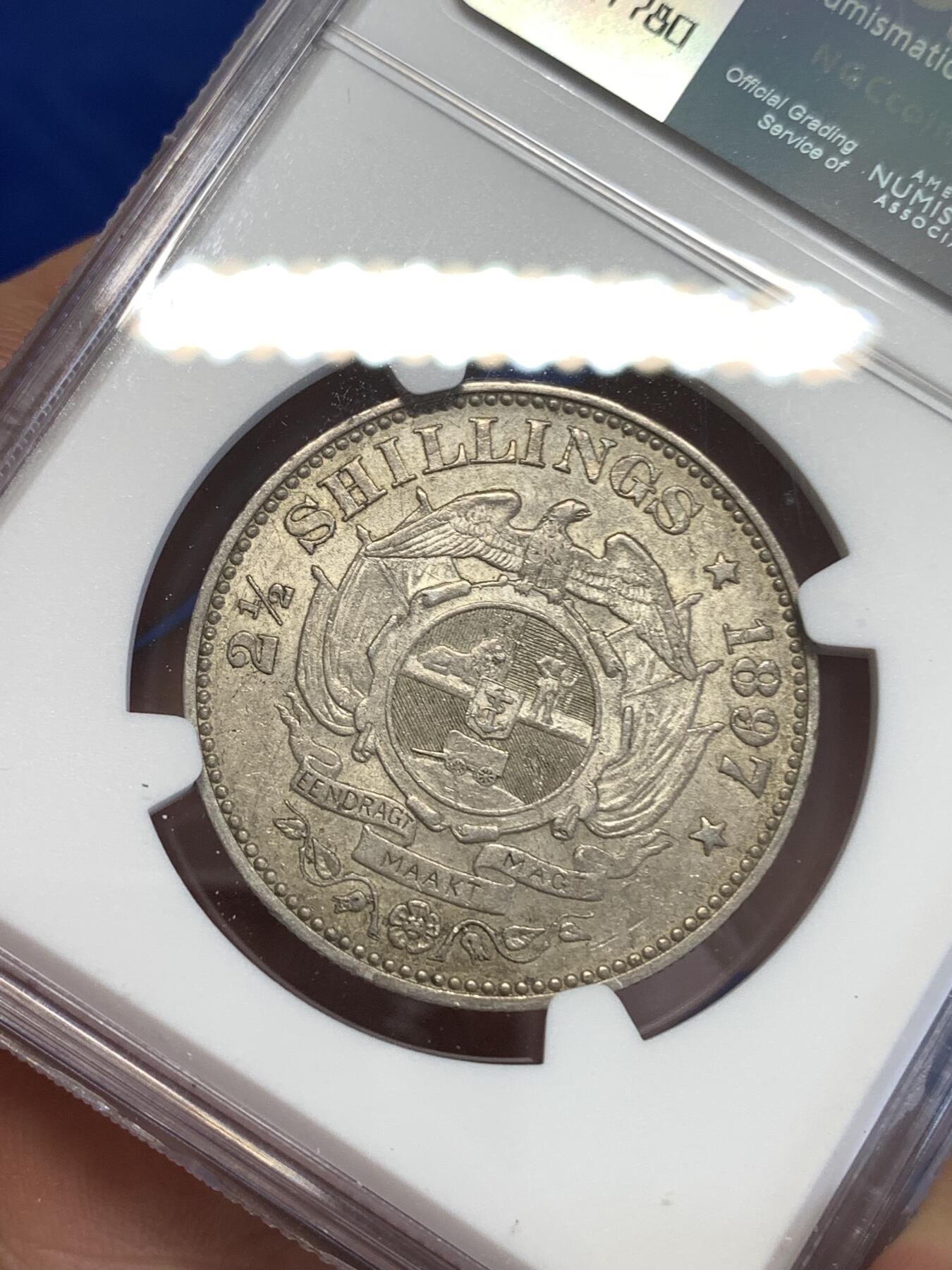 《竞宝斋》第294场- 周日，周一  2场连拍 （全场包邮） NGC AU55 南非1897斯瓦士兰2.5先令 大胡子经典设计，包浆好看凝霜感强