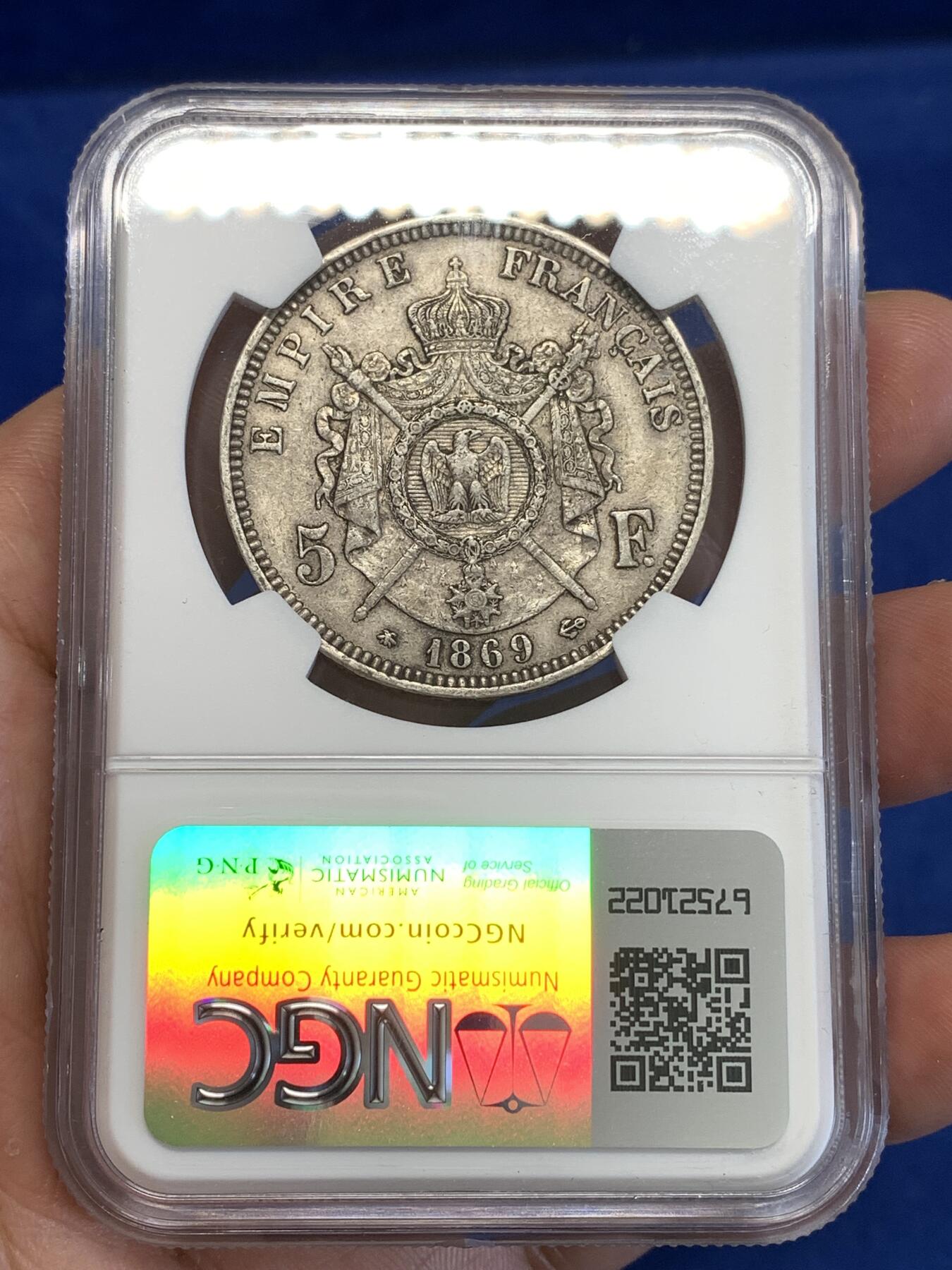 《竞宝斋》第294场- 周日，周一  2场连拍 （全场包邮） NGC AU50 法国1869年A版拿破仑三世5法郎银币
