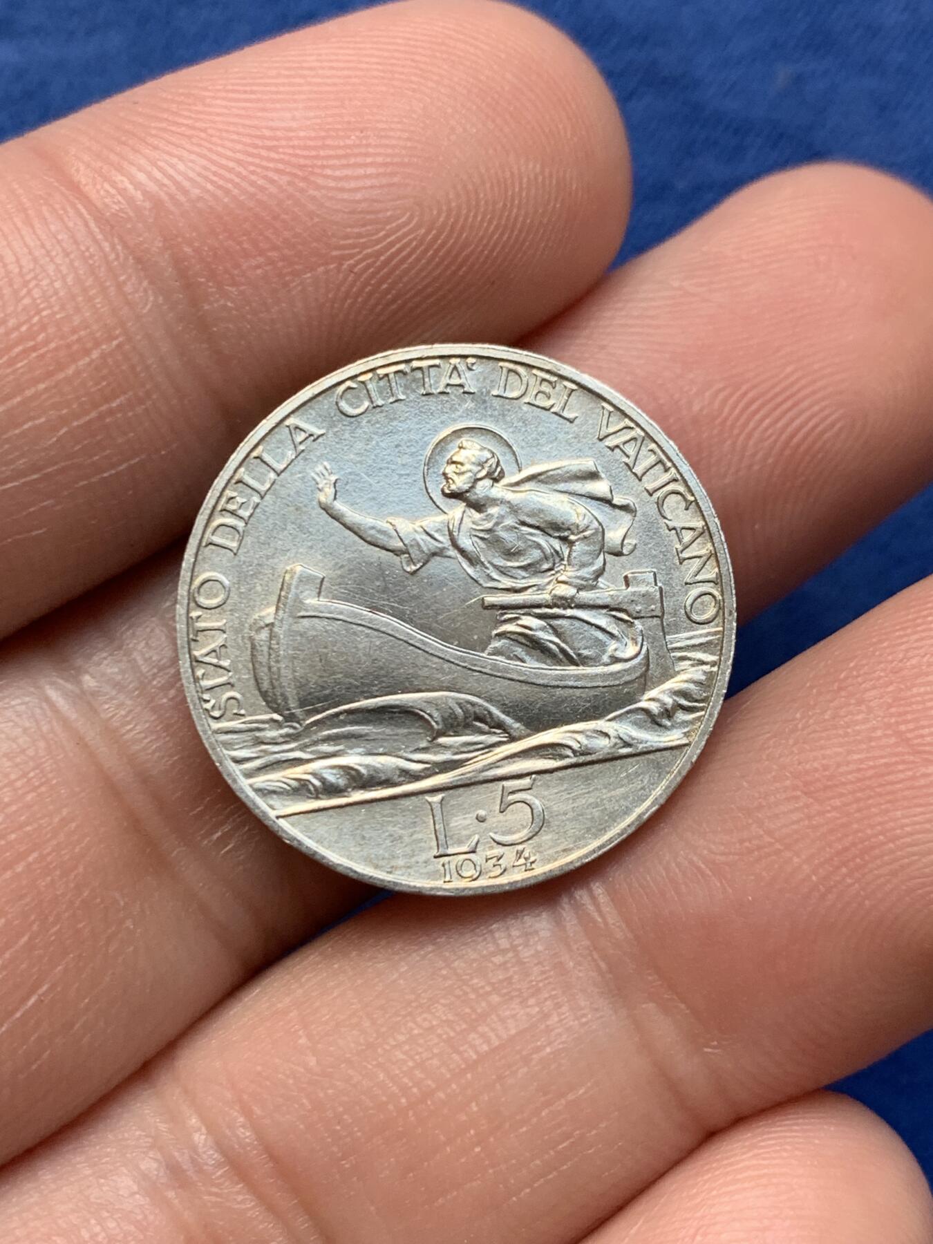 《竞宝斋》第294场- 周日，周一  2场连拍 （全场包邮） 梵蒂冈 1934年 5里拉 银币 原味包浆 稀缺品种 发行量三万枚