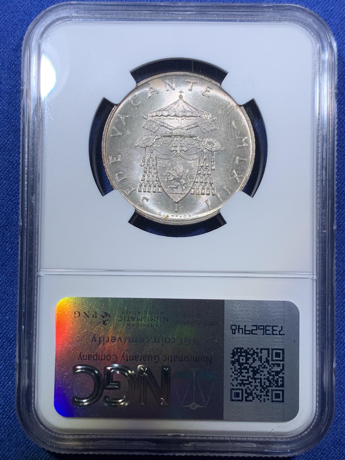 《竞宝斋》第294场- 周日，周一  2场连拍 （全场包邮） NGC MS64 梵蒂冈1963年缺位500里拉银币