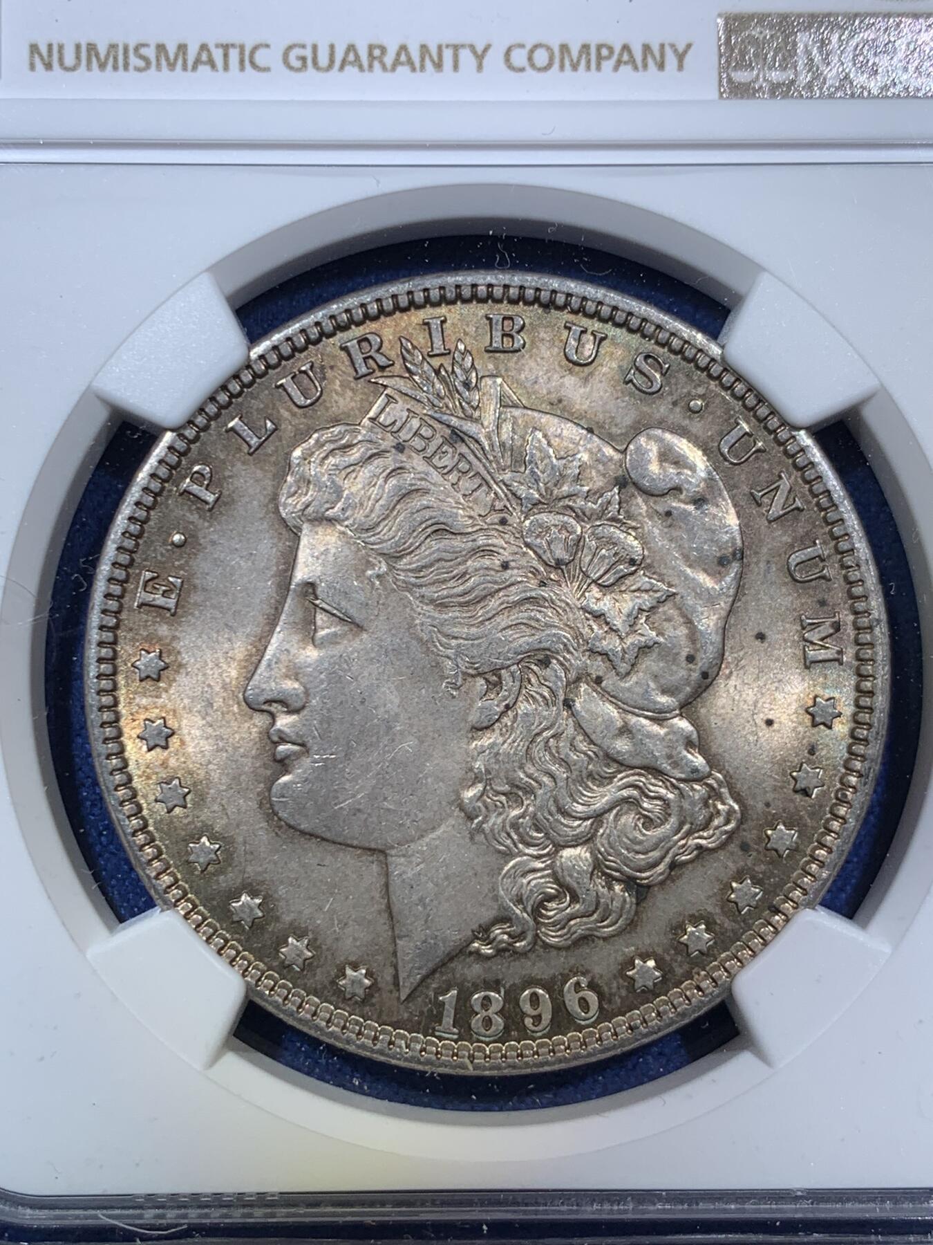 《竞宝斋》第294场- 周日，周一  2场连拍 （全场包邮） NGC MS63 美国1896年p版摩根银币 双面均衡包浆