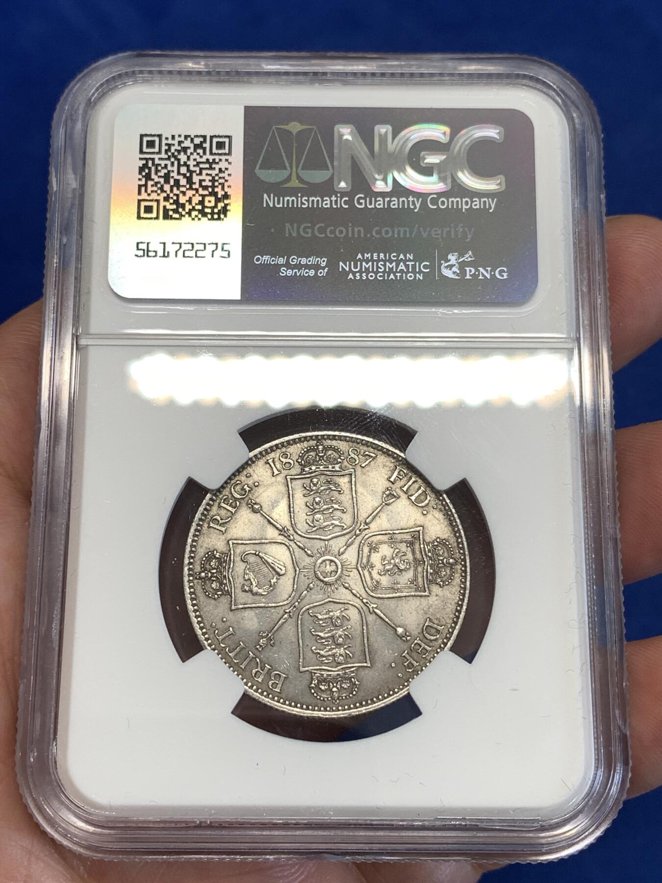 《竞宝斋》第294场- 周日，周一  2场连拍 （全场包邮） NGC UNC 英国1887年维多利亚女王1弗洛林 2先令银币