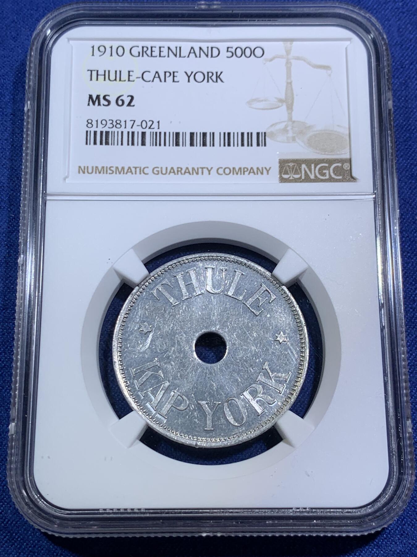 《竞宝斋》第294场- 周日，周一  2场连拍 （全场包邮） NGC MS62 丹麦王国 1910 格林兰岛 500欧尔 矿业代币 发行量预计2000枚 大面值难得MS