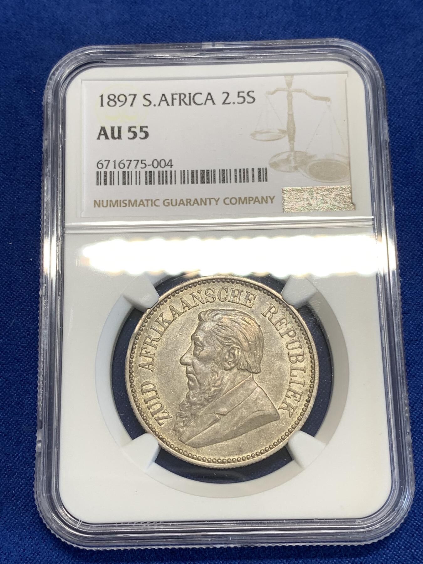 《竞宝斋》第294场- 周日，周一  2场连拍 （全场包邮） NGC AU55 南非1897斯瓦士兰2.5先令 大胡子经典设计，包浆好看凝霜感强