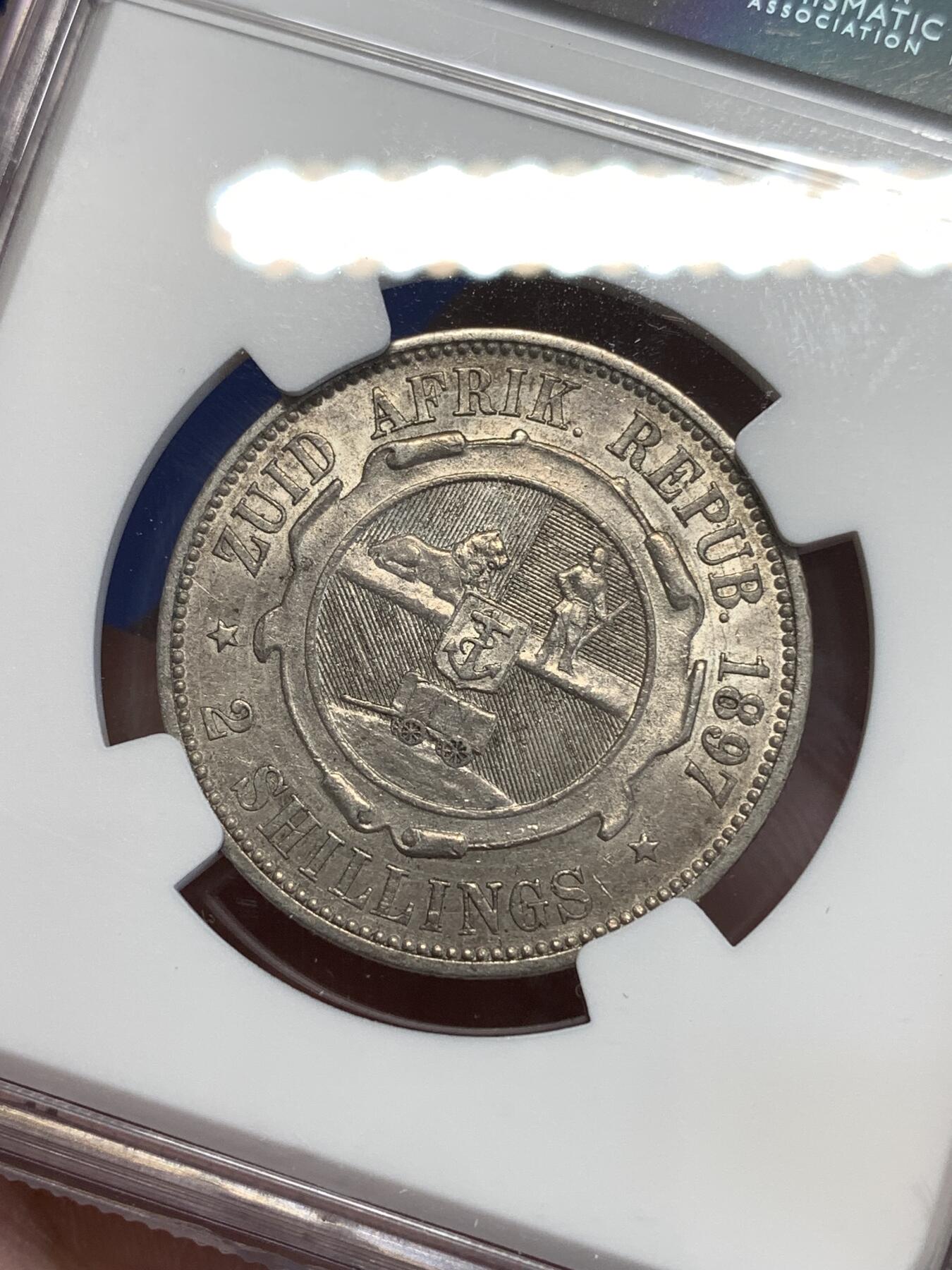 《竞宝斋》第294场- 周日，周一  2场连拍 （全场包邮） NGC AU55 南非1897年斯瓦士兰2先令 大胡子经典设计