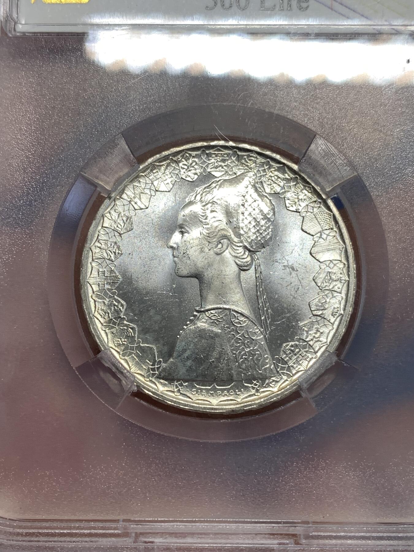 《竞宝斋》第294场- 周日，周一  2场连拍 （全场包邮） TQG MS64 意大利1966帆船少女500里拉银币 细节出色 深打镜面光