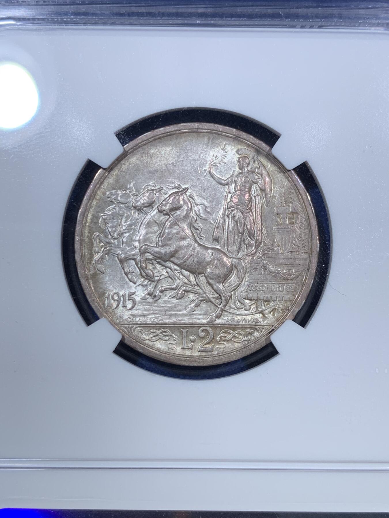 《竞宝斋》第294场- 周日，周一  2场连拍 （全场包邮） NGC MS63 意大利1915年2里拉马车银币