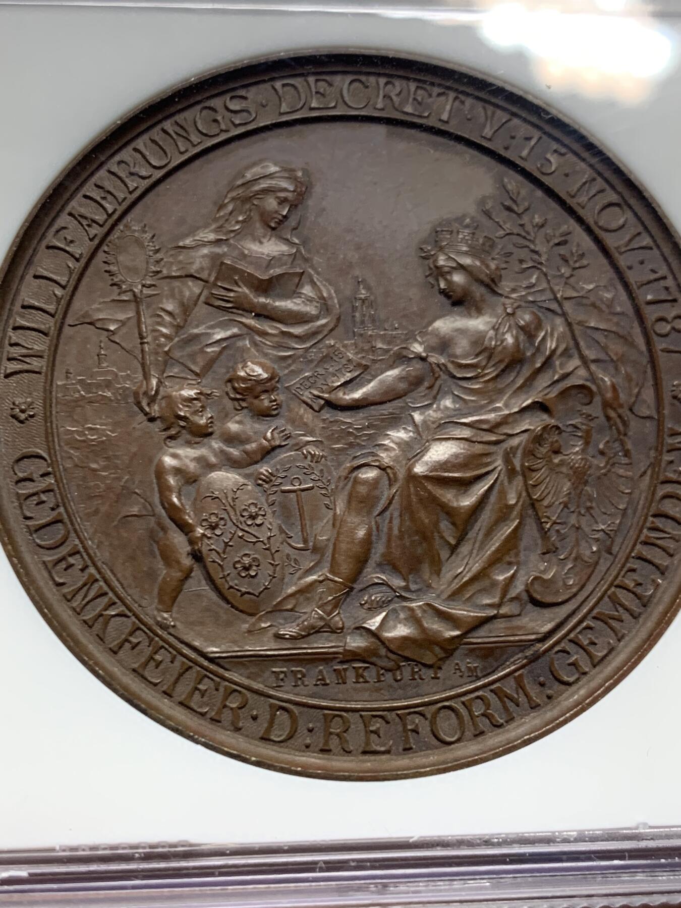 《竞宝斋》第294场- 周日，周一  2场连拍 （全场包邮） NGC MS62 德国 1887年法兰克福 改革百年纪念 铜章 双面精细制作 希见品种