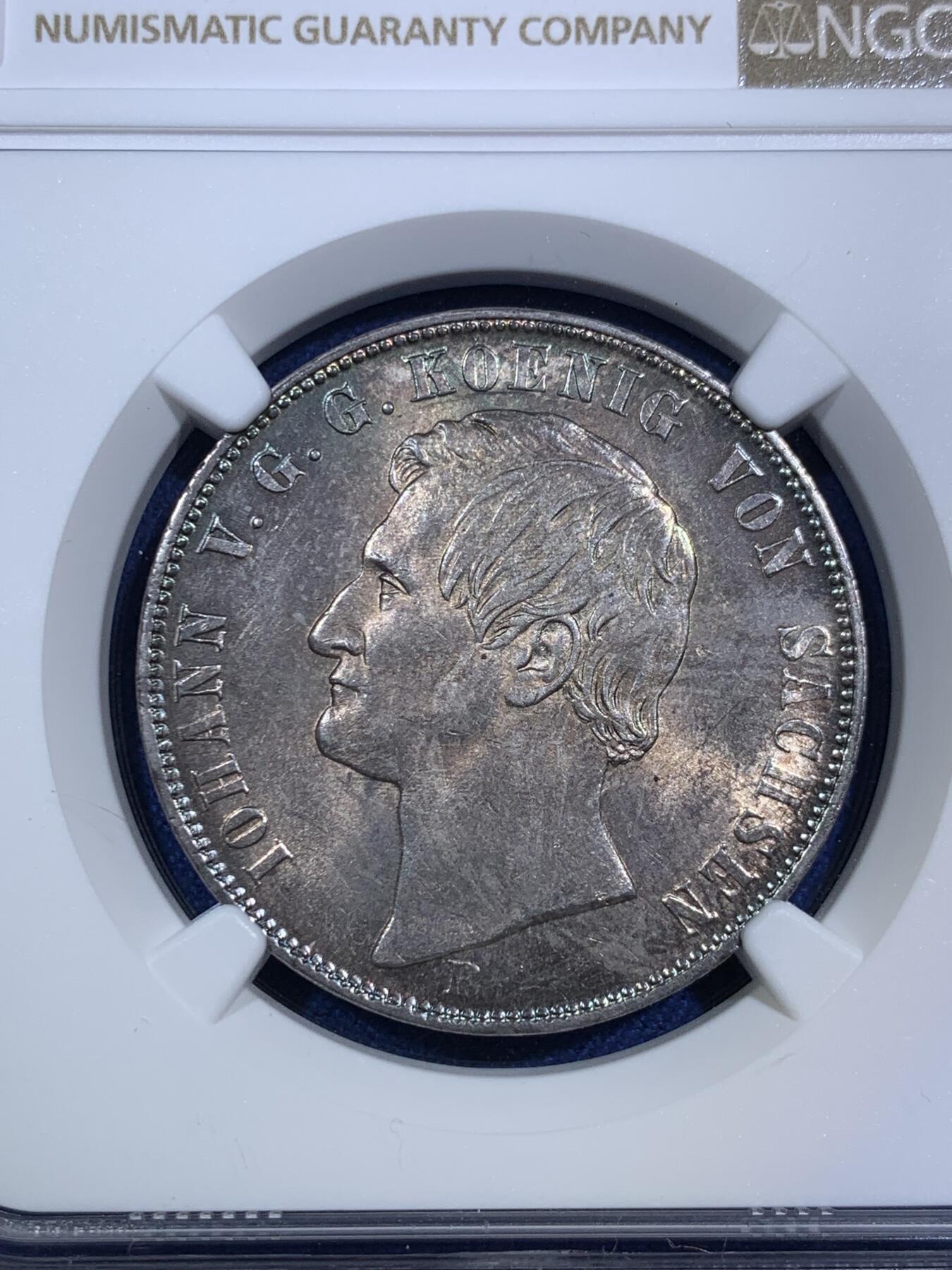 《竞宝斋》第294场- 周日，周一  2场连拍 （全场包邮） NGC MS62  德国 1868 萨克森 双狮流通1联合泰勒银币 紫罗兰包浆带十字光