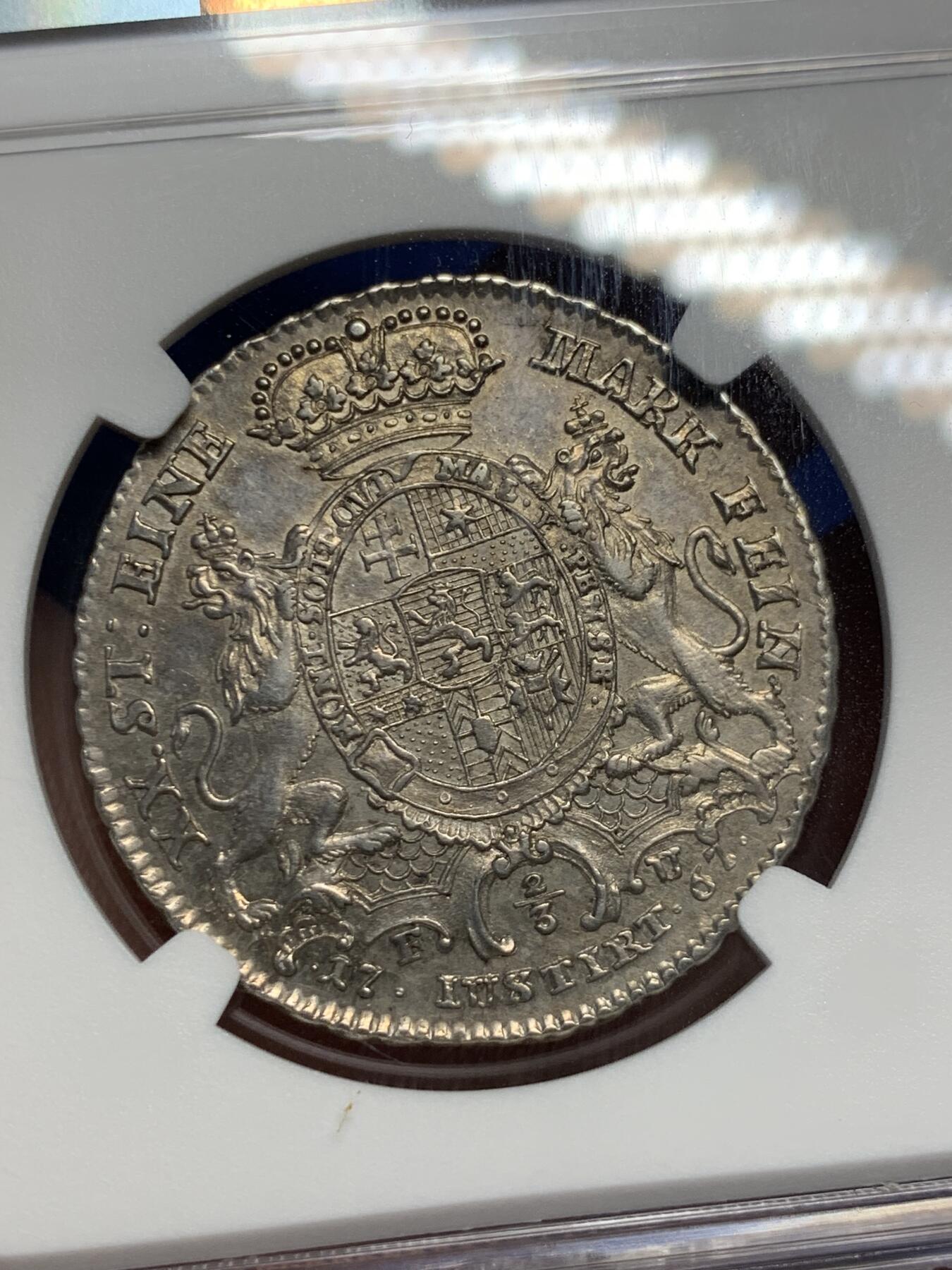 《竞宝斋》第294场- 周日，周一  2场连拍 （全场包邮） NGC AU55 德国 1767 黑森-卡塞尔伯爵领地 腓特烈二世 2/3泰勒银币 单年份最大面值