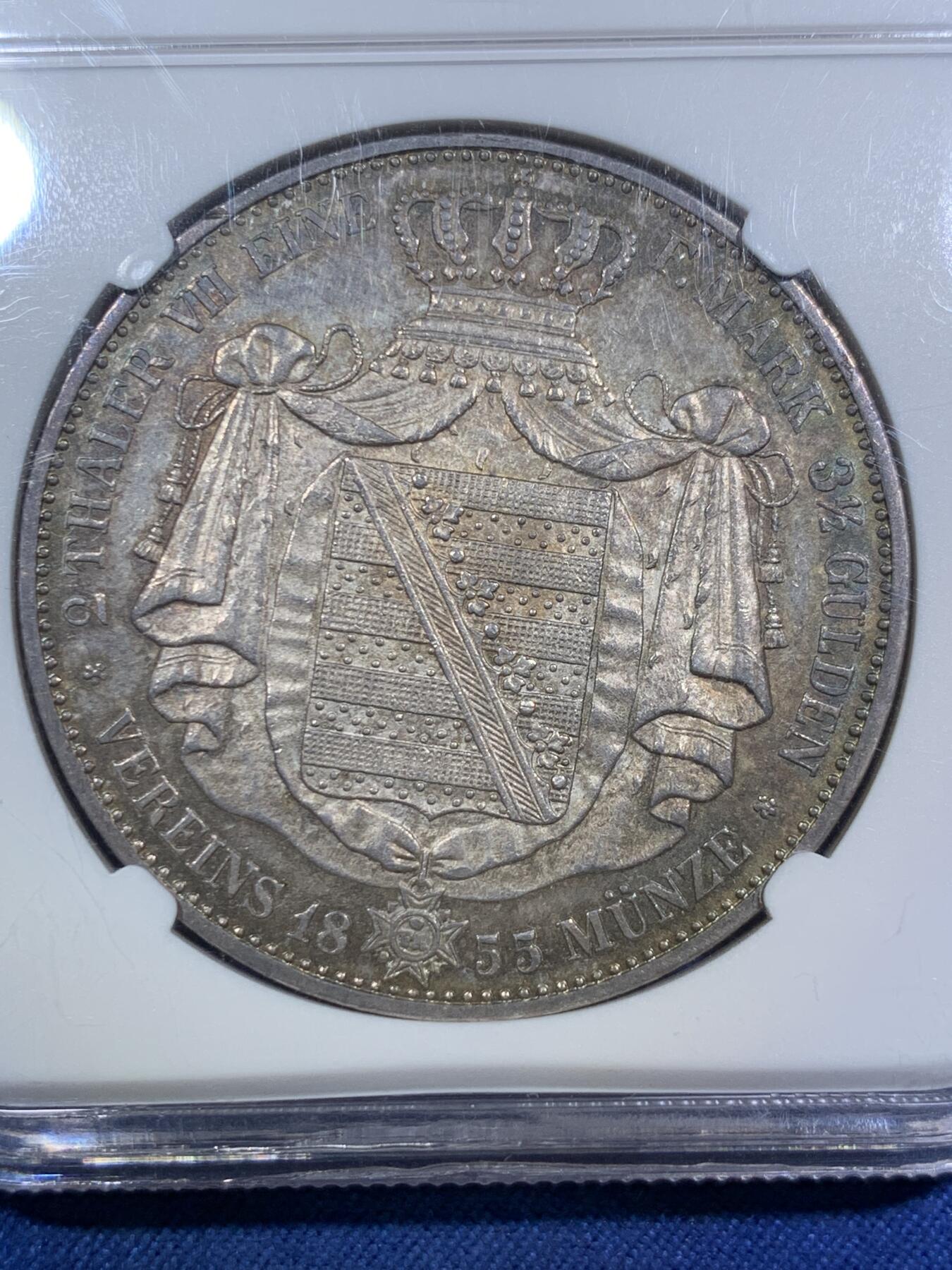 《竞宝斋》第294场- 周日，周一  2场连拍 （全场包邮） NGC MS61 德国 1855萨克森流通纹章2泰勒 约翰五世2泰勒的首年，37克大银币，两年发行品种，NGC亚军分，包浆好看