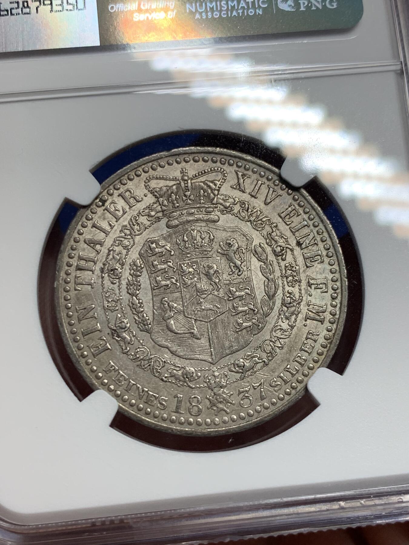 《竞宝斋》第294场- 周日，周一  2场连拍 （全场包邮） NGC AU55 德国汉诺威1837年威廉四世1泰勒 银币  汉诺威王朝 英国国王兼汉诺威国王