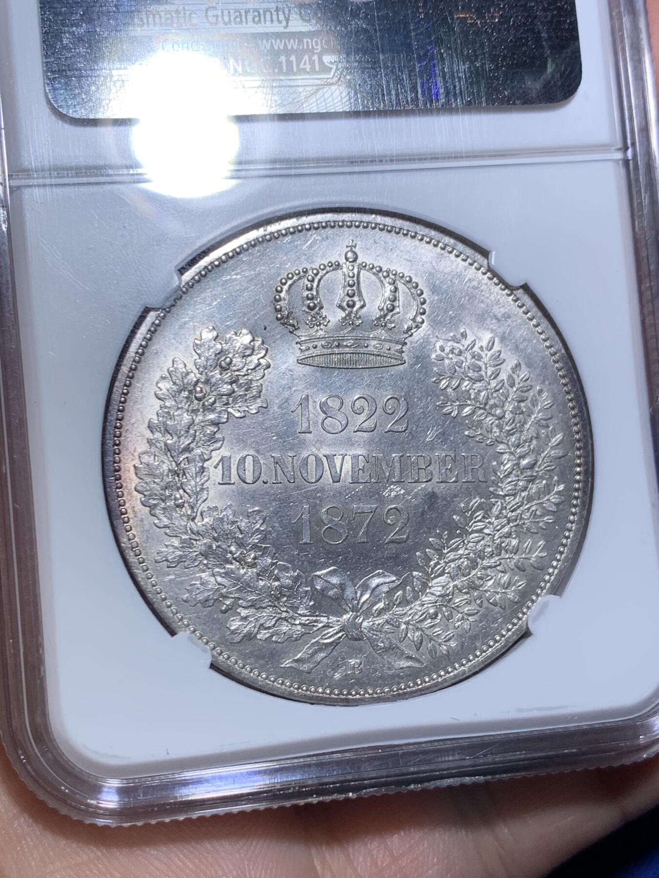 《竞宝斋》第294场- 周日，周一  2场连拍 （全场包邮） NGC MS61 1872年德国萨克森金婚纪念2泰勒 2泰勒的入门品种，MS品，适合德系入门