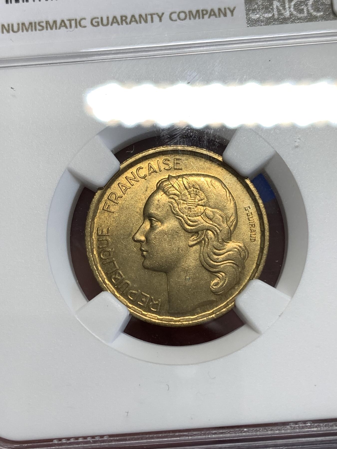 《竞宝斋》第294场- 周日，周一  2场连拍 （全场包邮） NGC MS64 法国第四共和国时期1950女神20法郎铜币