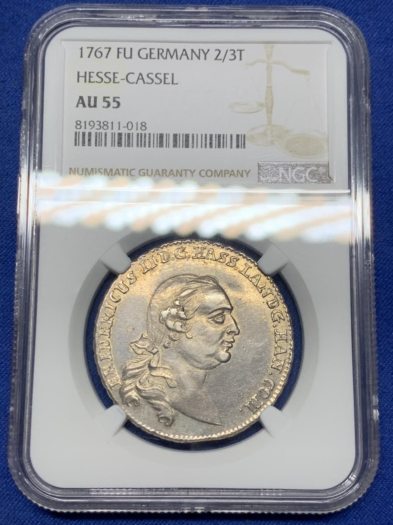 《竞宝斋》第294场- 周日，周一  2场连拍 （全场包邮） NGC AU55 德国 1767 黑森-卡塞尔伯爵领地 腓特烈二世 2/3泰勒银币 单年份最大面值