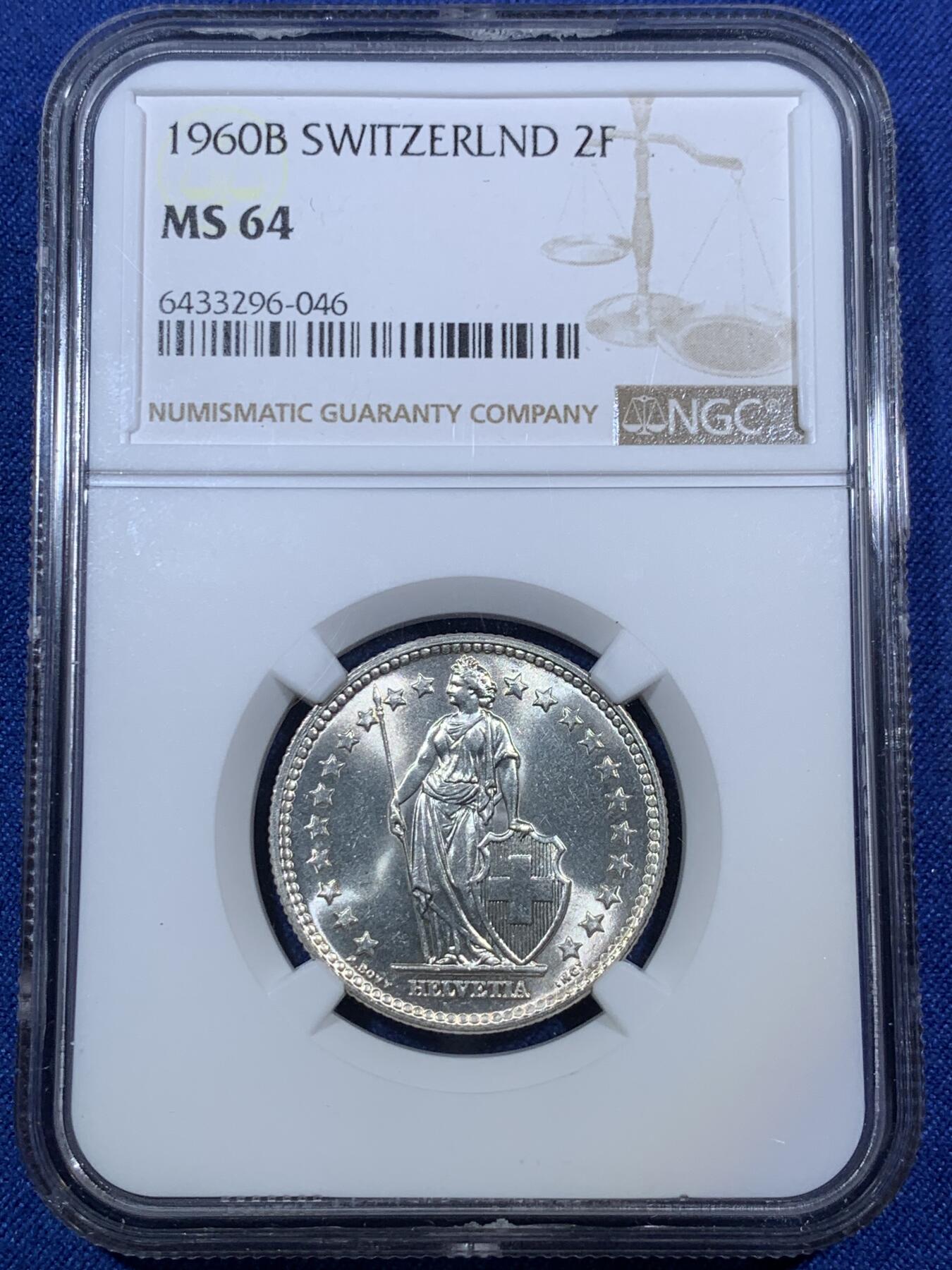 《竞宝斋》第294场- 周日，周一  2场连拍 （全场包邮） NGC MS64 瑞士1960年2法郎银币 转光很强