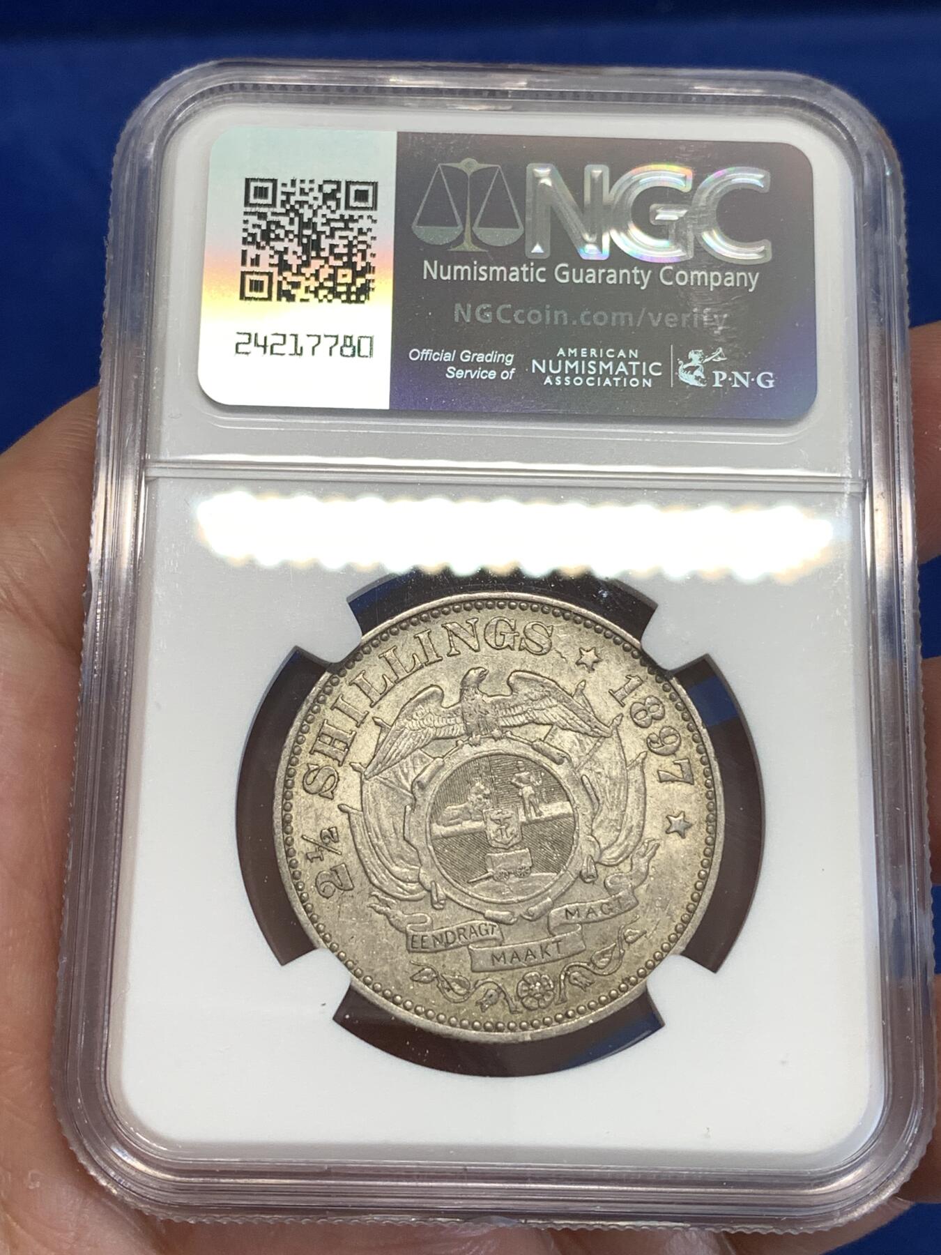 《竞宝斋》第294场- 周日，周一  2场连拍 （全场包邮） NGC AU55 南非1897斯瓦士兰2.5先令 大胡子经典设计，包浆好看凝霜感强