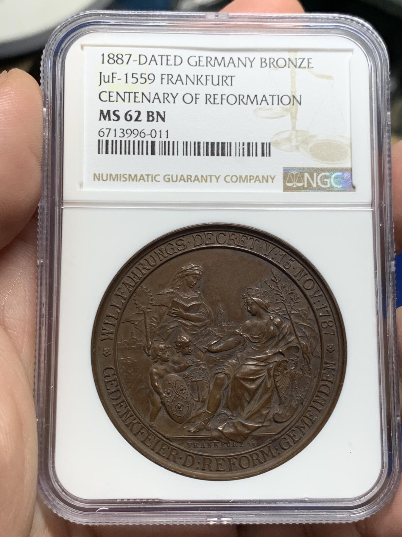 《竞宝斋》第294场- 周日，周一  2场连拍 （全场包邮） NGC MS62 德国 1887年法兰克福 改革百年纪念 铜章 双面精细制作 希见品种