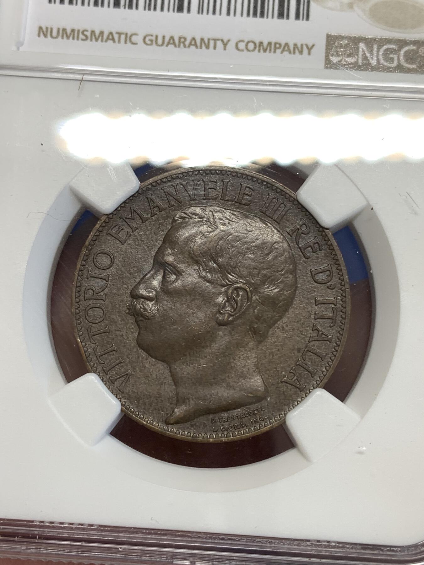 《竞宝斋》第294场- 周日，周一  2场连拍 （全场包邮） NGC AU58BN 意大利1911年建国50周年纪念10分托奶铜币