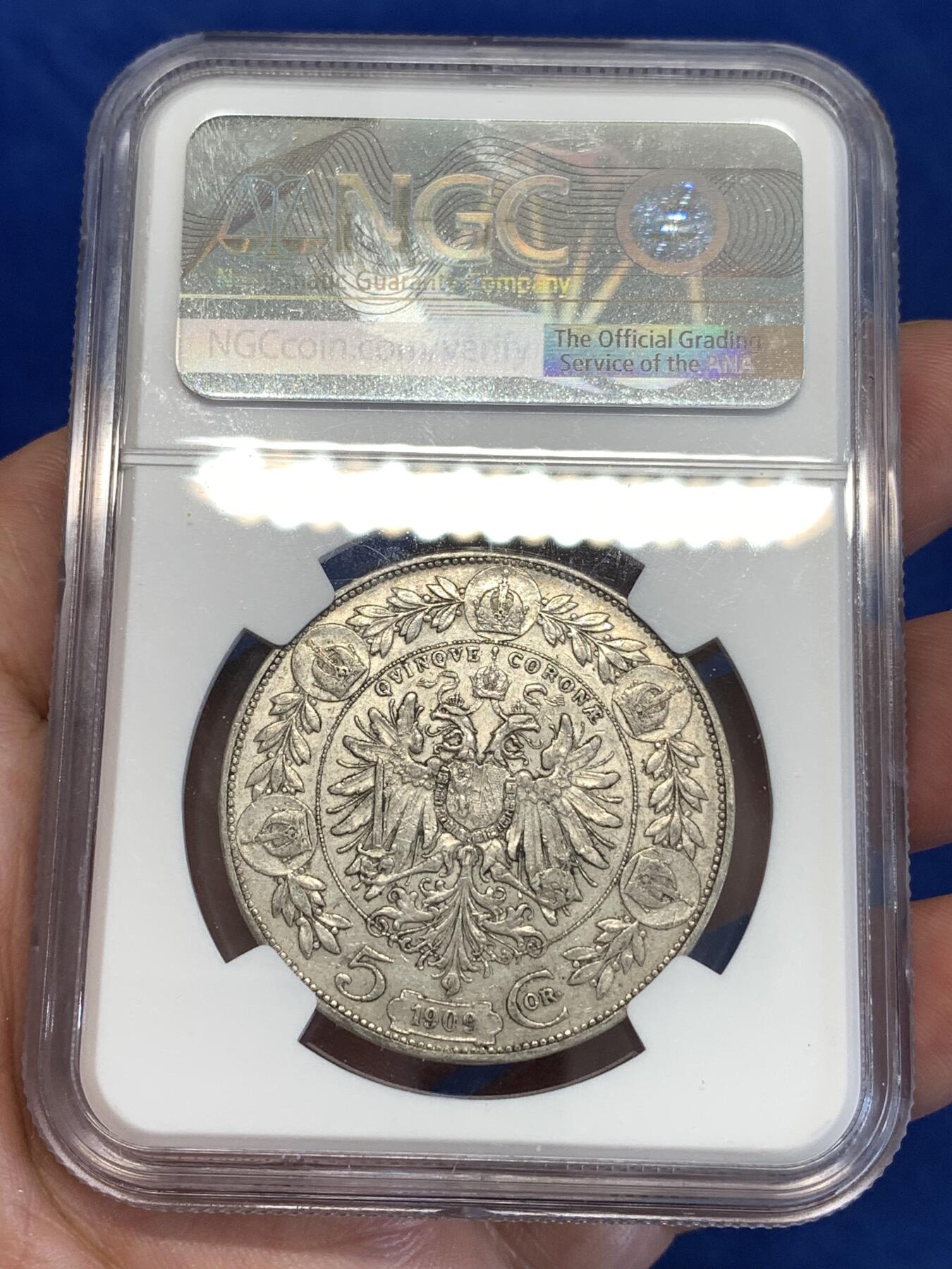 《竞宝斋》第294场- 周日，周一  2场连拍 （全场包邮） NGC AU53 奥地利1909年 费朗茨.约瑟夫一世 双头鹰 5克朗 银币