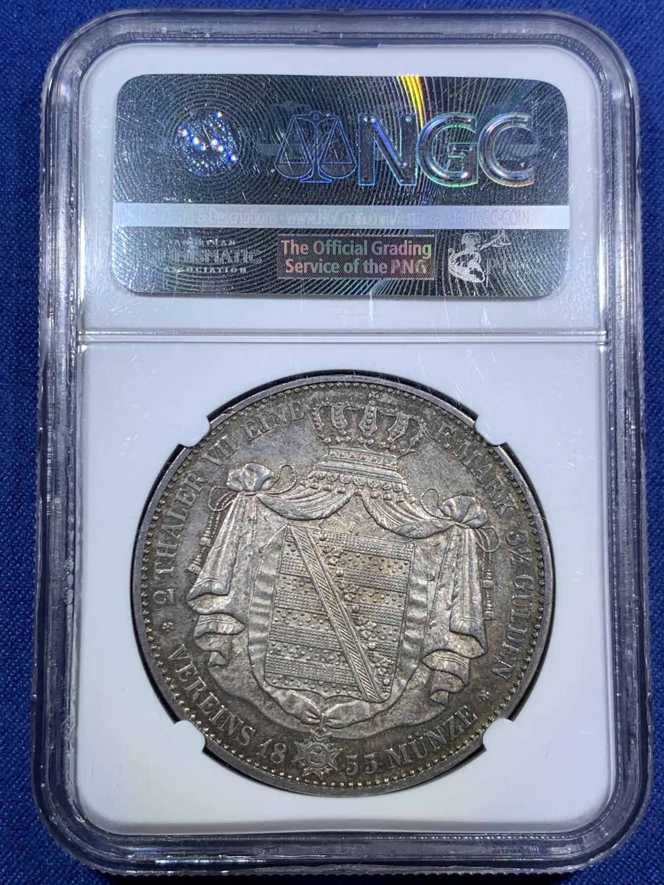 《竞宝斋》第294场- 周日，周一  2场连拍 （全场包邮） NGC MS61 德国 1855萨克森流通纹章2泰勒 约翰五世2泰勒的首年，37克大银币，两年发行品种，NGC亚军分，包浆好看