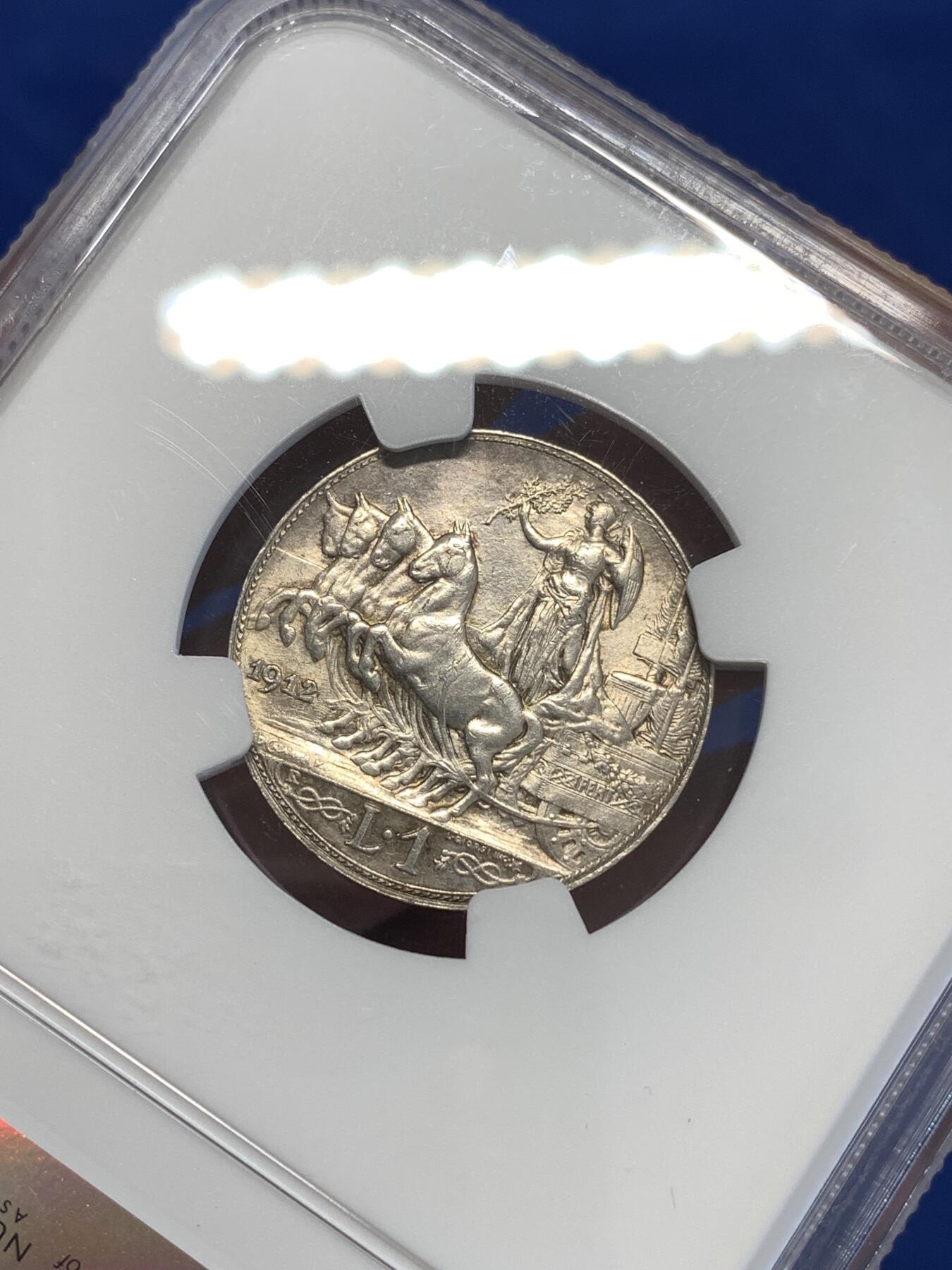 《竞宝斋》第294场- 周日，周一  2场连拍 （全场包邮） NGC UNC 意大利1912年圈版马车1里拉银币 少见版别