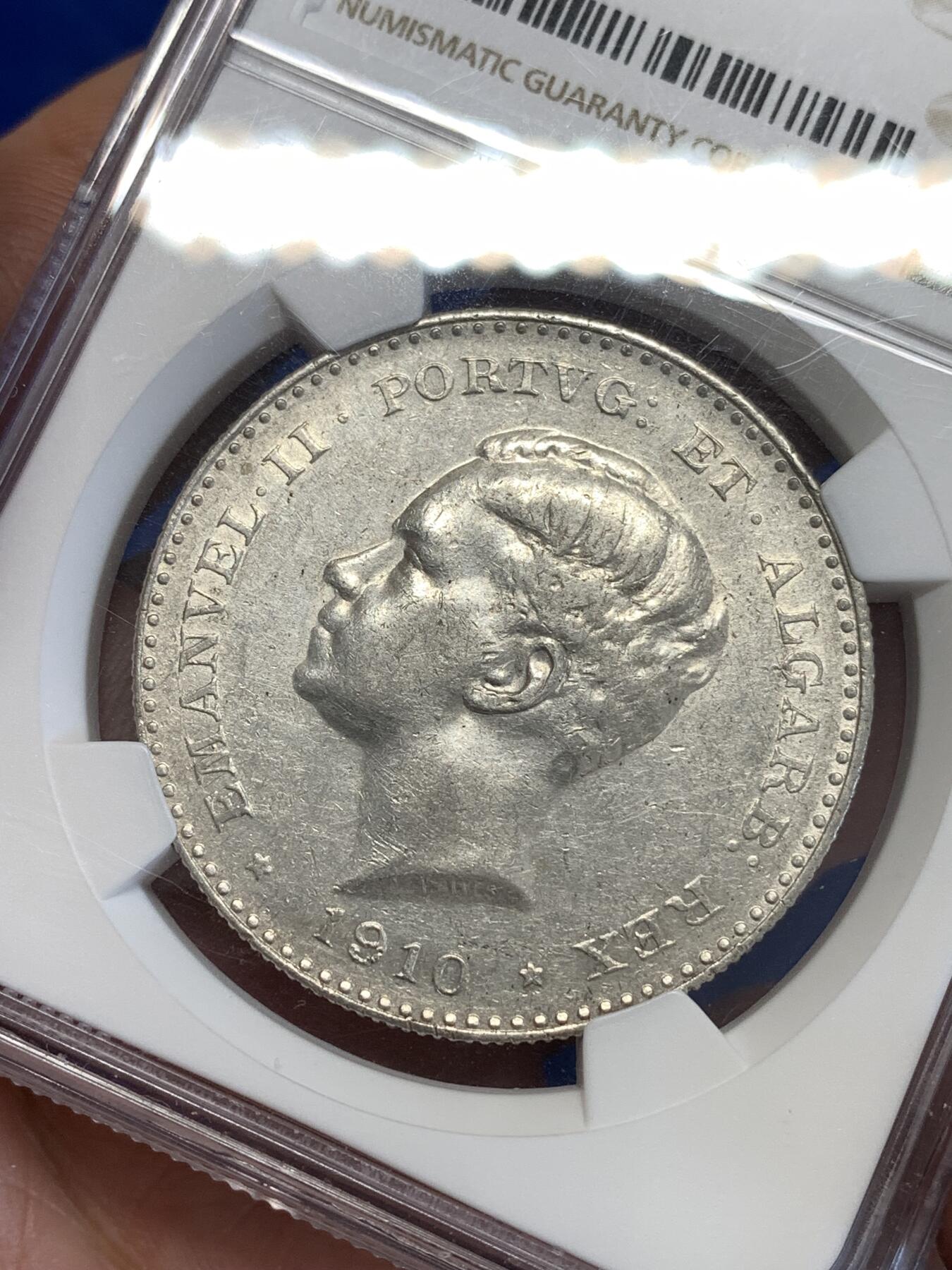 《竞宝斋》第294场- 周日，周一  2场连拍 （全场包邮） NGC AU53 葡萄牙 1910年 半岛百年战争纪念 1000R大银币 非常稀少的品种