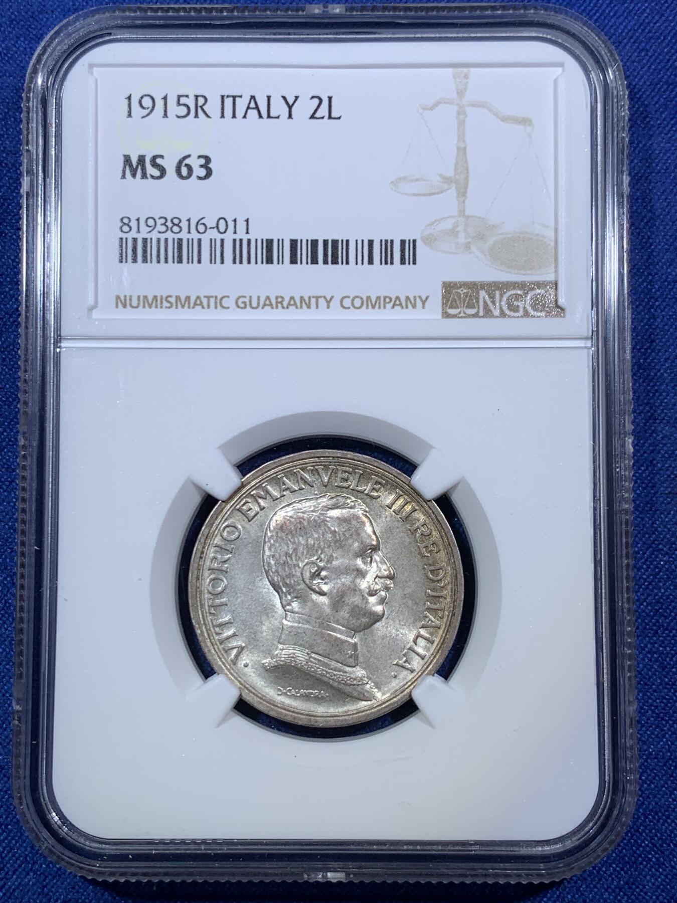 《竞宝斋》第294场- 周日，周一  2场连拍 （全场包邮） NGC MS63 意大利1915年2里拉马车银币