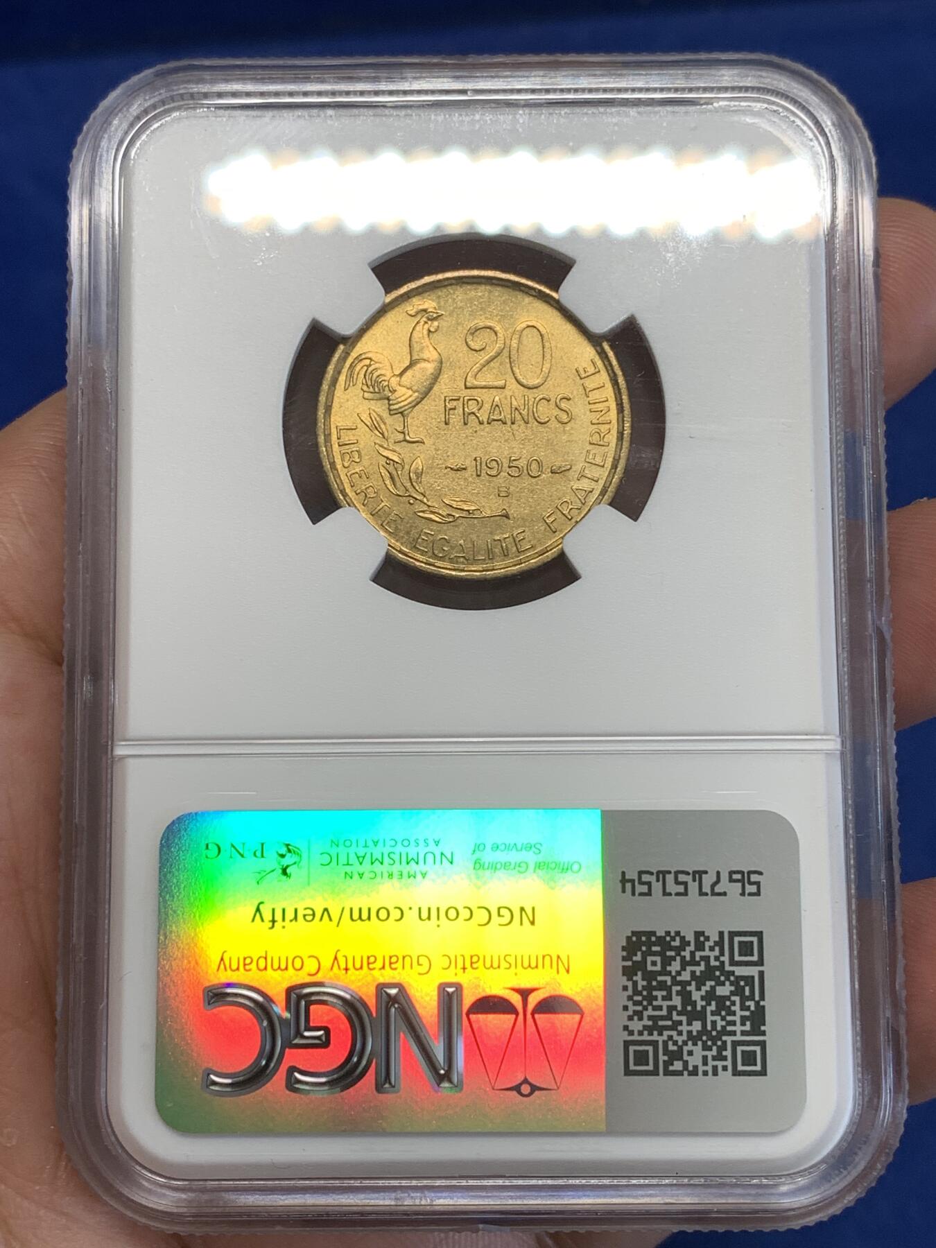 《竞宝斋》第294场- 周日，周一  2场连拍 （全场包邮） NGC MS64 法国第四共和国时期1950女神20法郎铜币