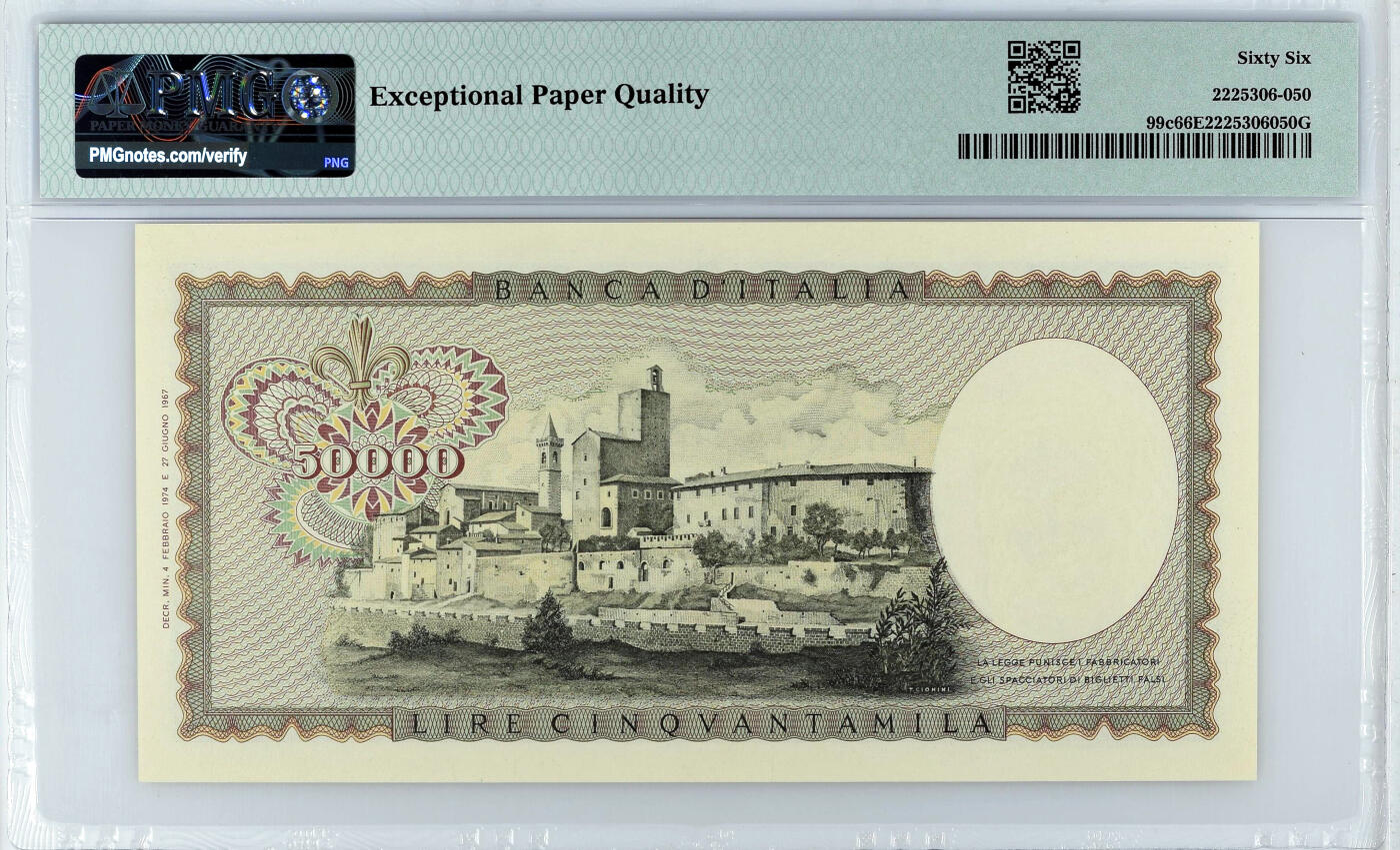 【Blue Auction】✨世界纸币精拍第520期【精】  意大利 1972-74年50000里拉 经典达芬奇 人像+大场景完美组合 雕刻精美 PMG66EPQ  