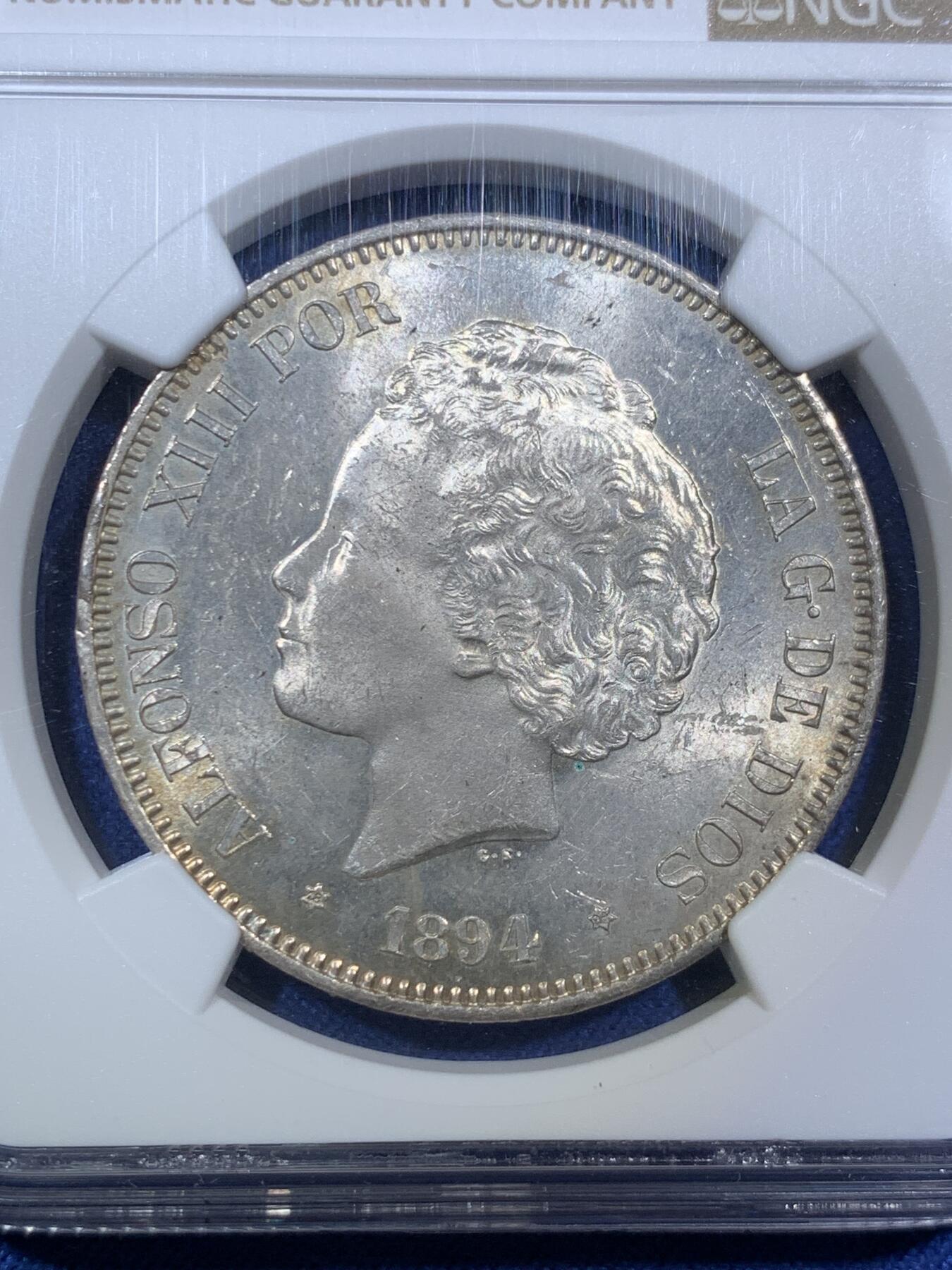 《竞宝斋》第294场- 周日，周一  2场连拍 （全场包邮） NGC MS62 西班牙1894年阿方索十三世5比塞塔大银币 第四名 更高分仅有9枚 转光底板 深打制