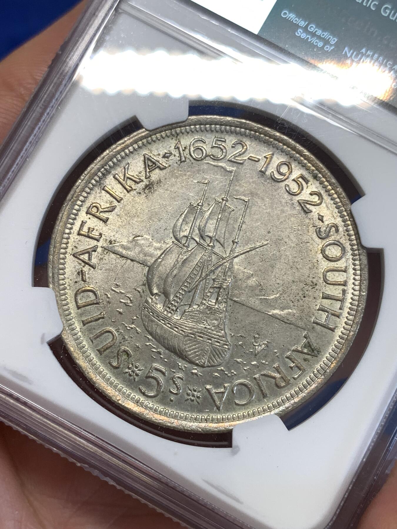 《竞宝斋》第294场- 周日，周一  2场连拍 （全场包邮） NGC MS61 南非1952年乔治六世发现开普敦5先令克朗型大银币 原光