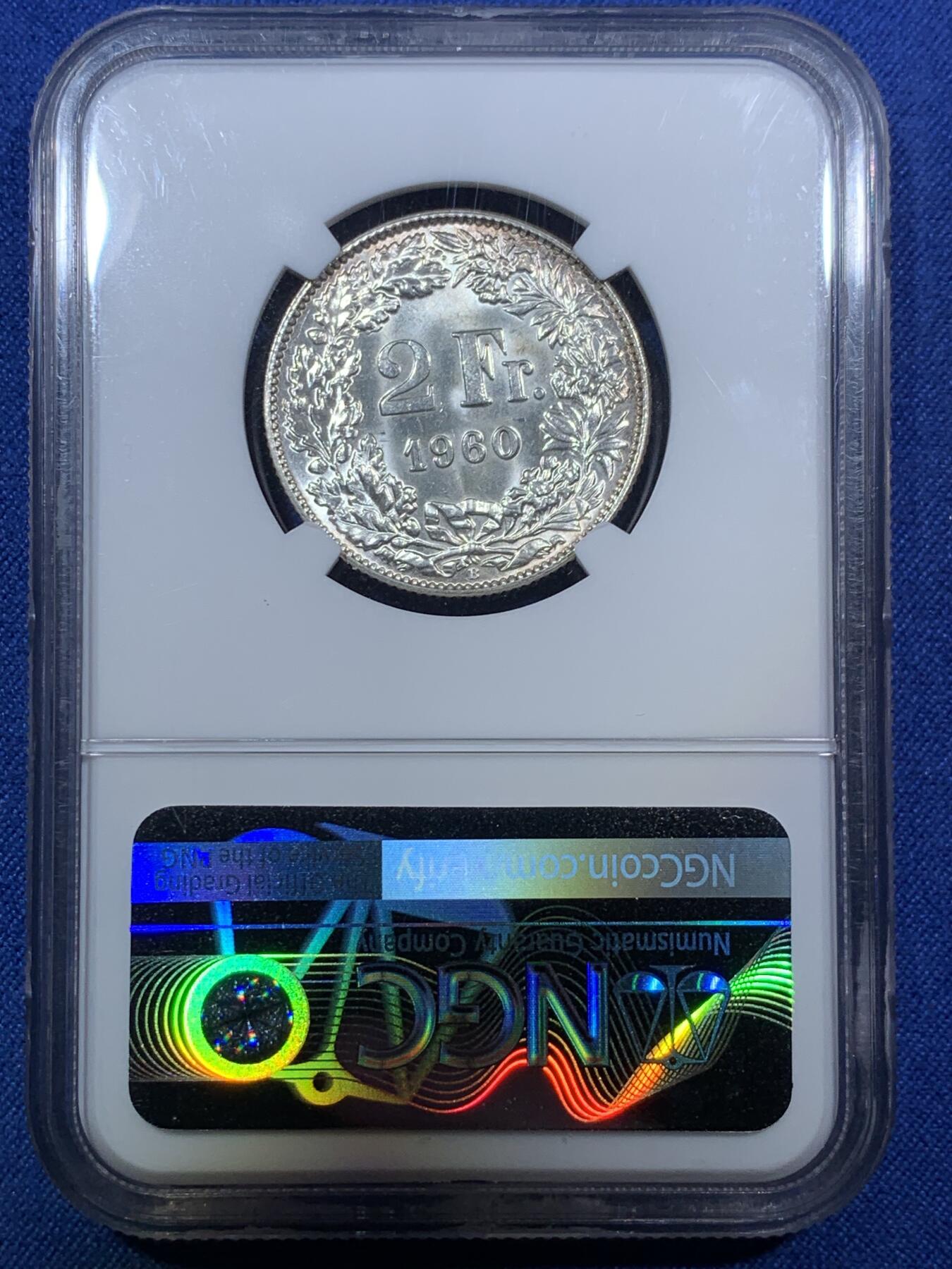 《竞宝斋》第294场- 周日，周一  2场连拍 （全场包邮） NGC MS64 瑞士1960年2法郎银币 转光很强