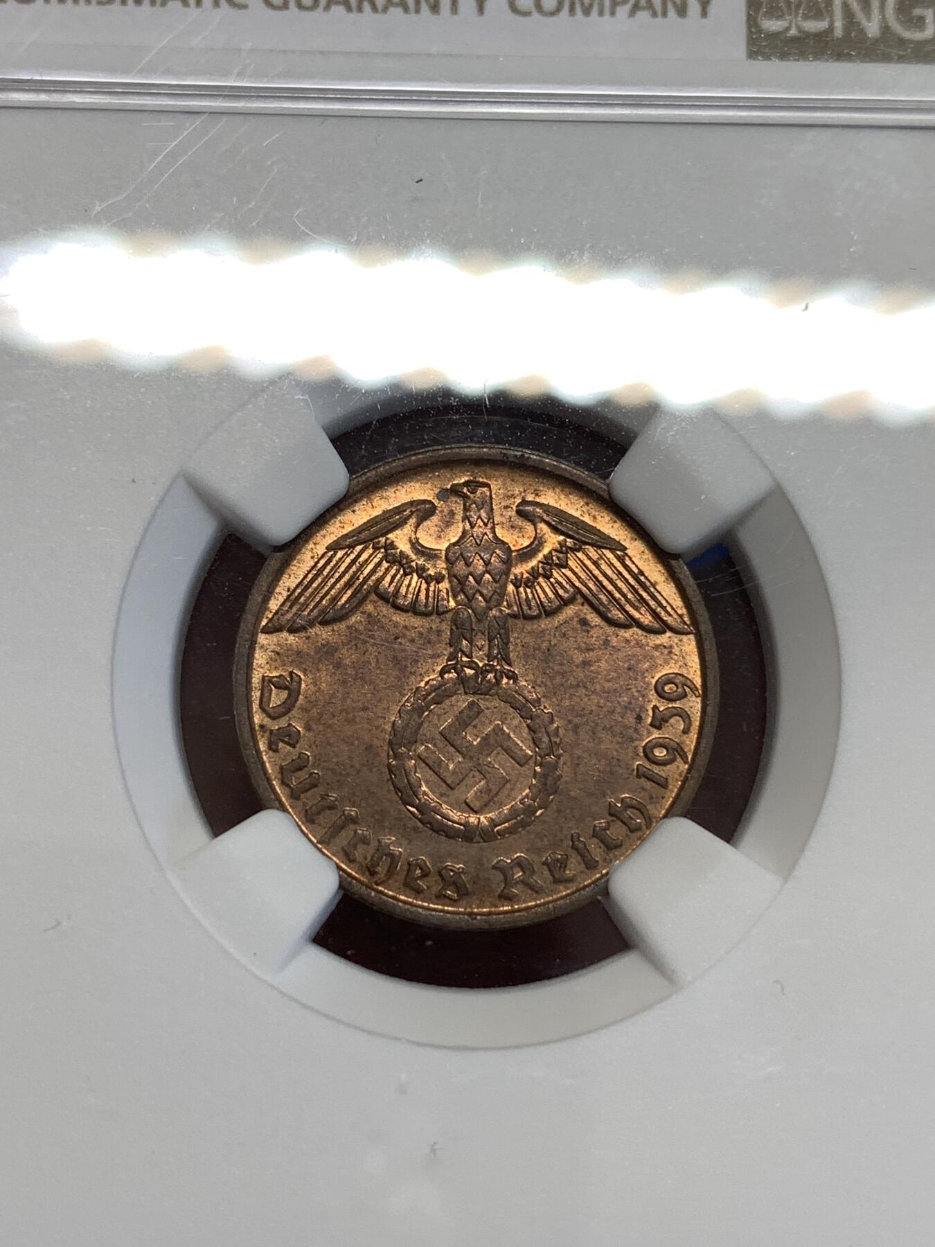 《竞宝斋》第294场- 周日，周一  2场连拍 （全场包邮） NGC MS63RB 1939B德意志第三帝国2芬尼铜币