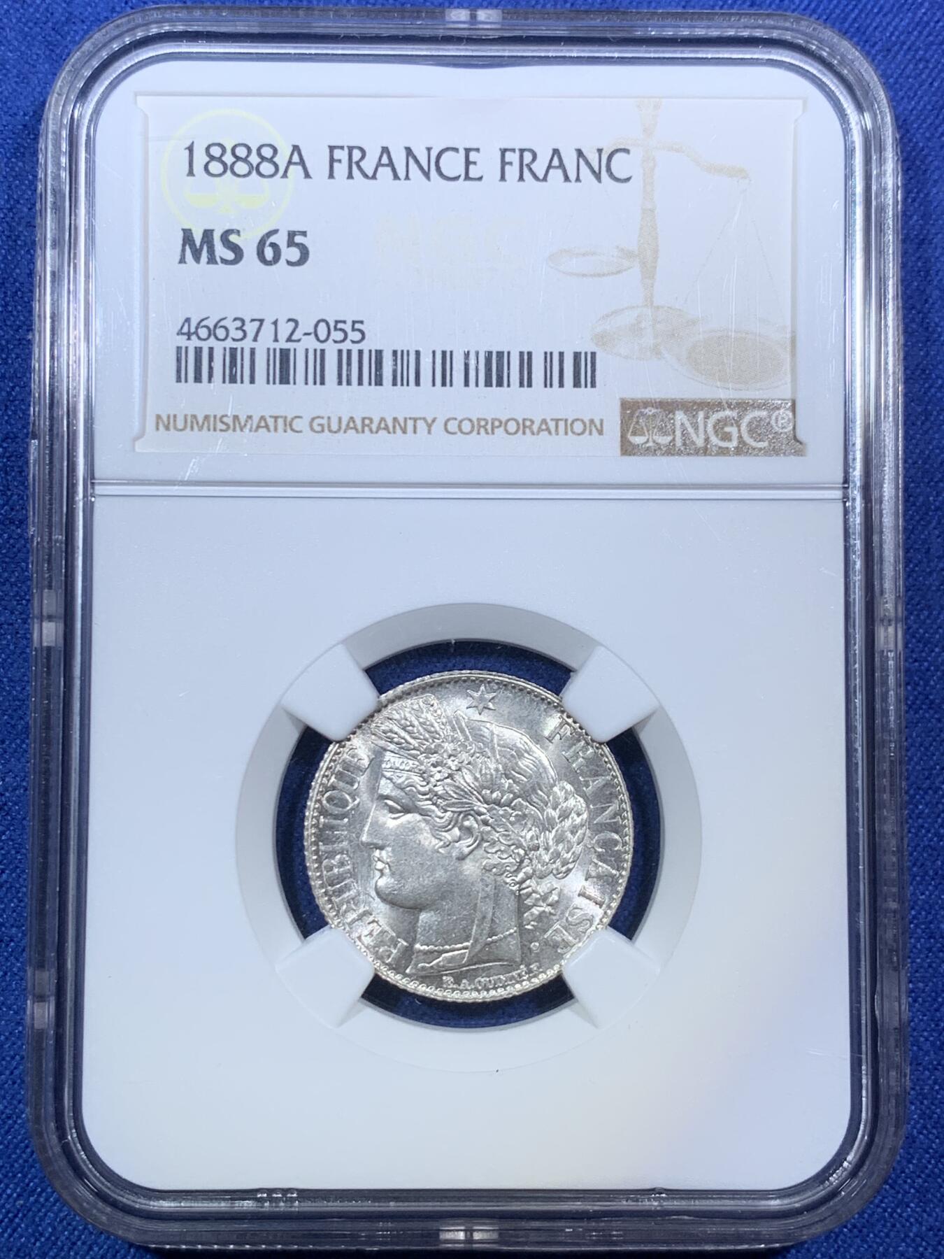 《竞宝斋》第294场- 周日，周一  2场连拍 （全场包邮） NGC MS65高分 法国1888A谷物女神1法郎 巴黎厂出品 吉祥年份 状态绝