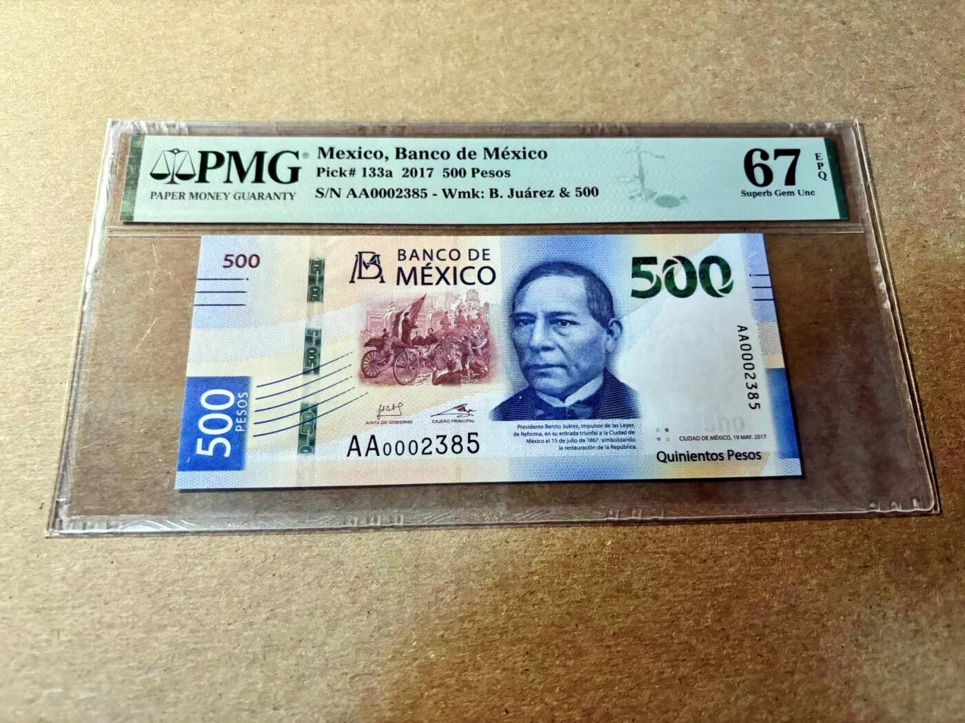 【Blue Auction】✨世界纸币精拍第520期【精】 【AA冠无47千位小号】墨西哥 2017年500比索 PMG67EPQ 高分