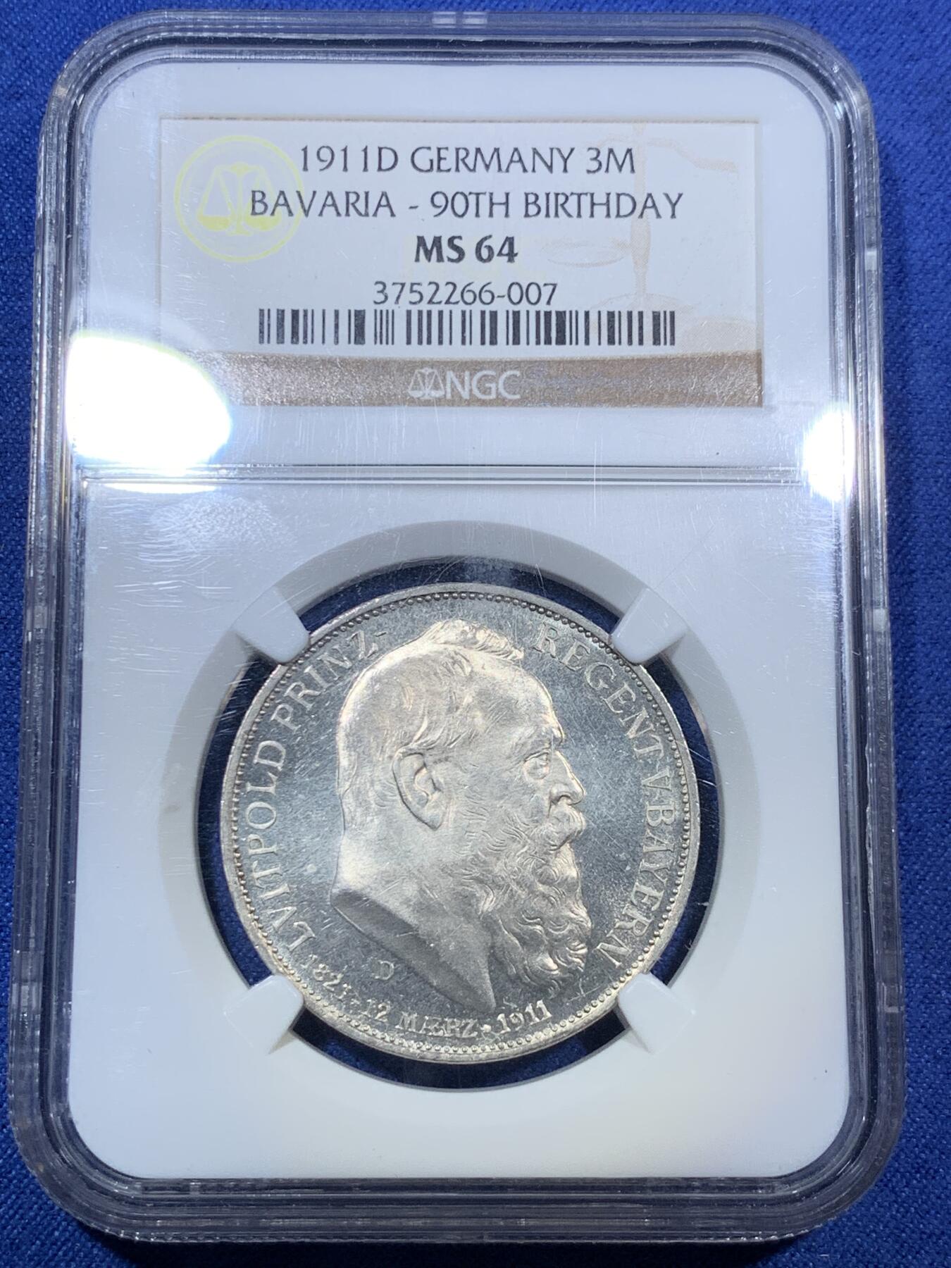 《竞宝斋》第294场- 周日，周一  2场连拍 （全场包邮） NGC MS64 德国巴伐利亚1911年利奥波德3马克银币